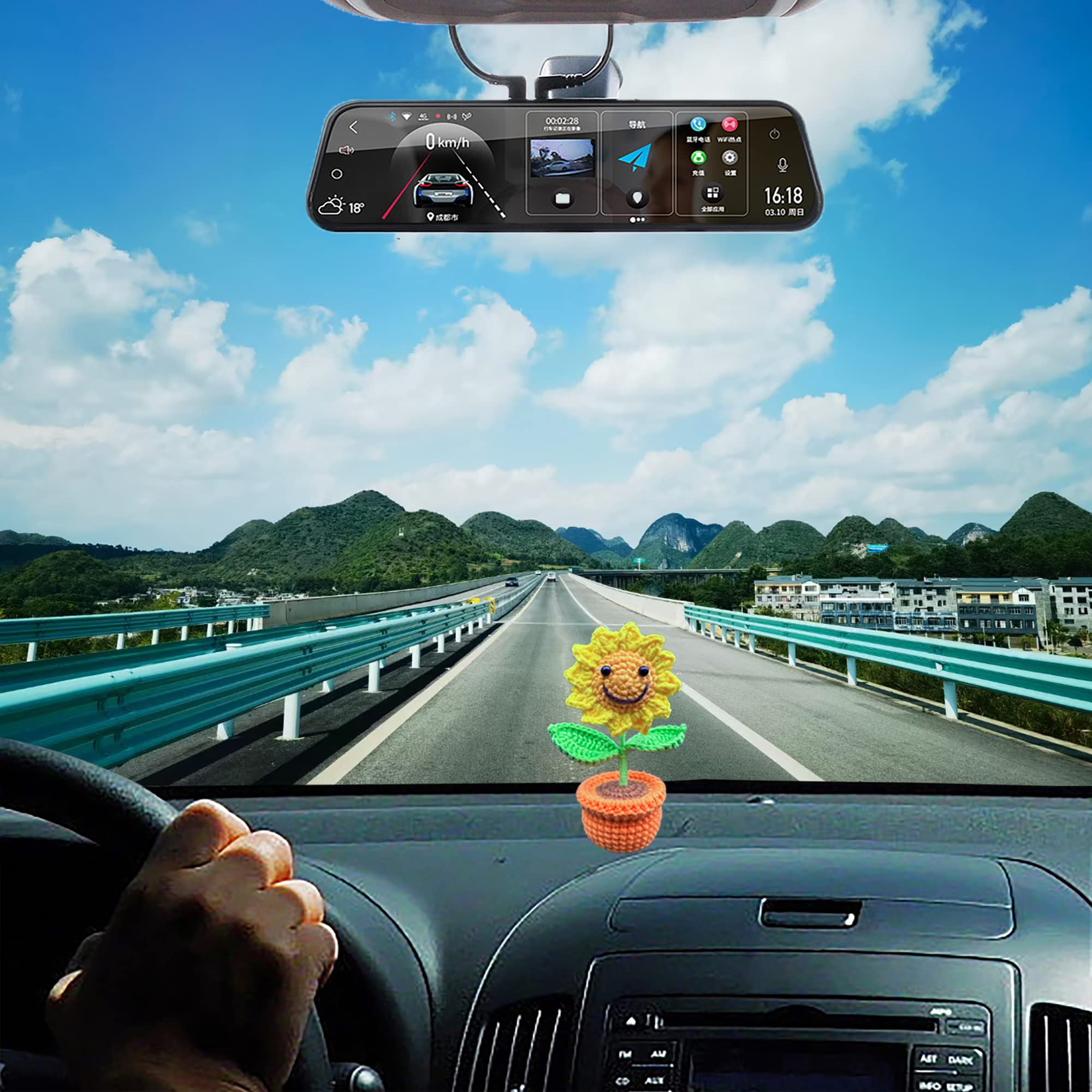 Crochet Smiley Sunflower Car Dashboard Decor - Handmade Sunflower Bouquet for Women, Cute Girl Gift, Car Interior & Desk Ornament - Perfect for Home, Office, and Vehicle Decoration