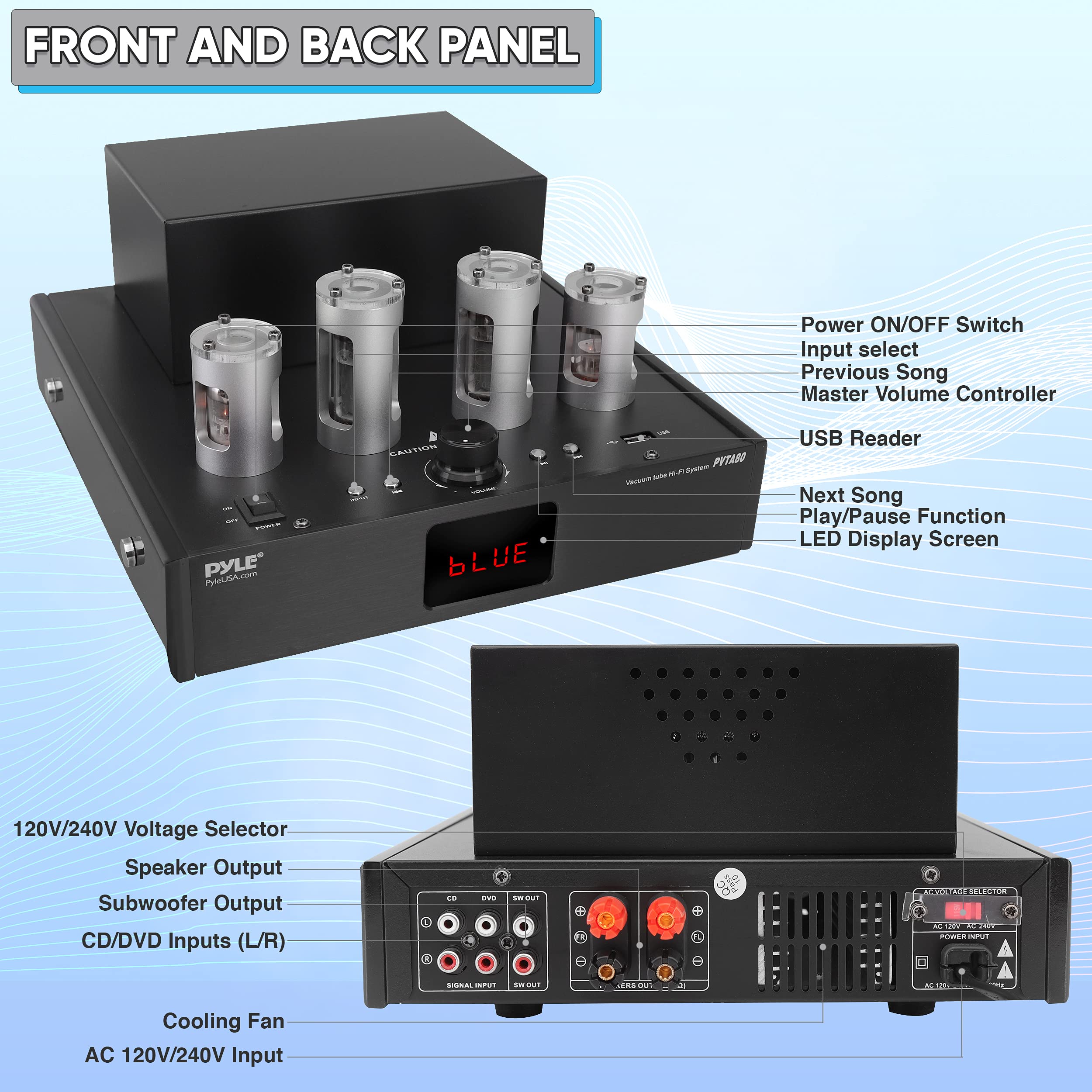 Pyle 500W Bluetooth Tube Amplifier Receiver - Hi-Fi Stereo Power Amplifier with 4 Vacuum Tubes, USB, CD/DVD Input & Subwoofer Output for Home Theater & Desktop Audio | Perfect for Vinyl Records, Gaming & Music Streaming