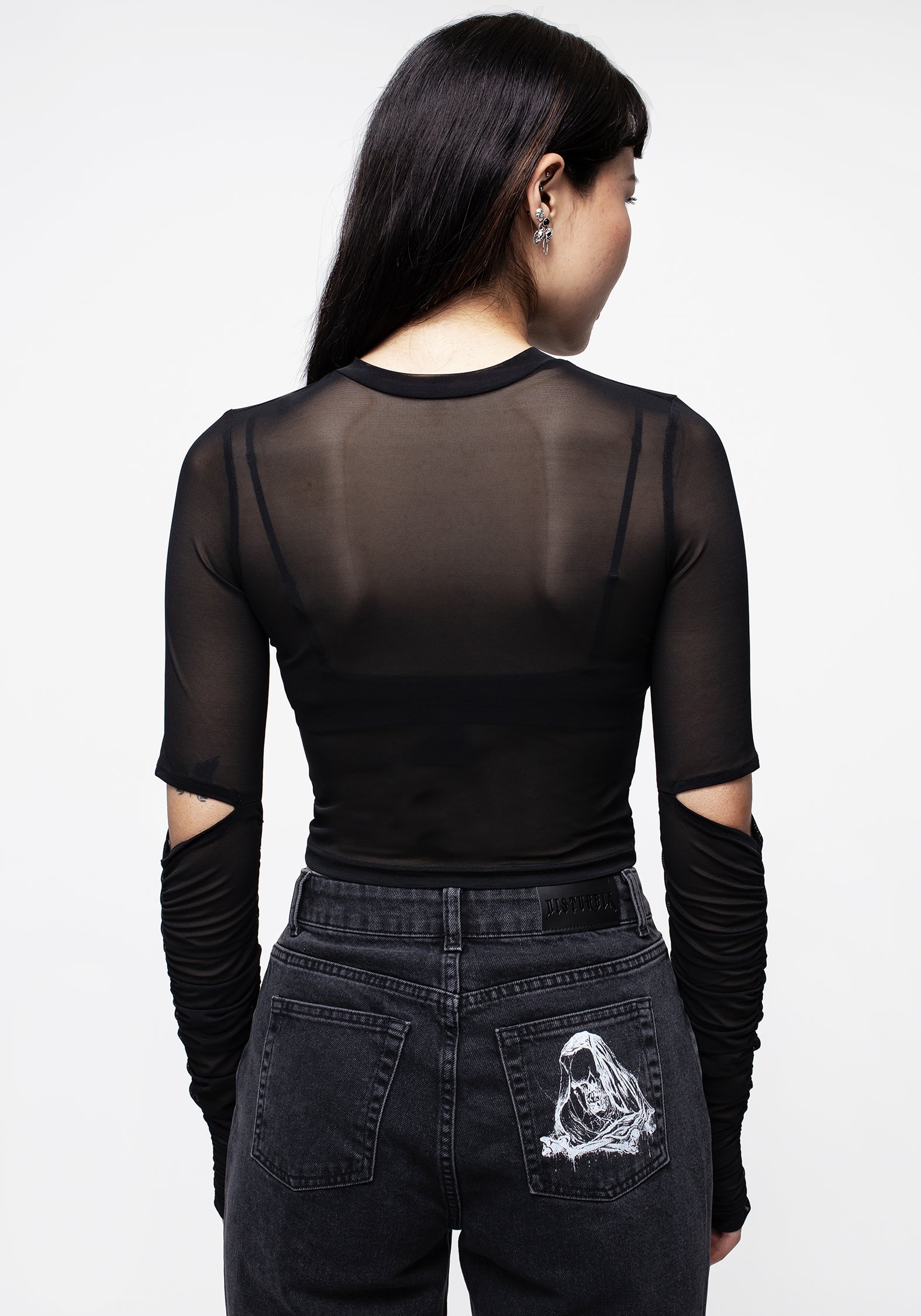 Jupiter Mesh Gathered Long Sleeve Crop Top for Women - Sexy Sheer See-Through Blouse for Party, Club & Night Out