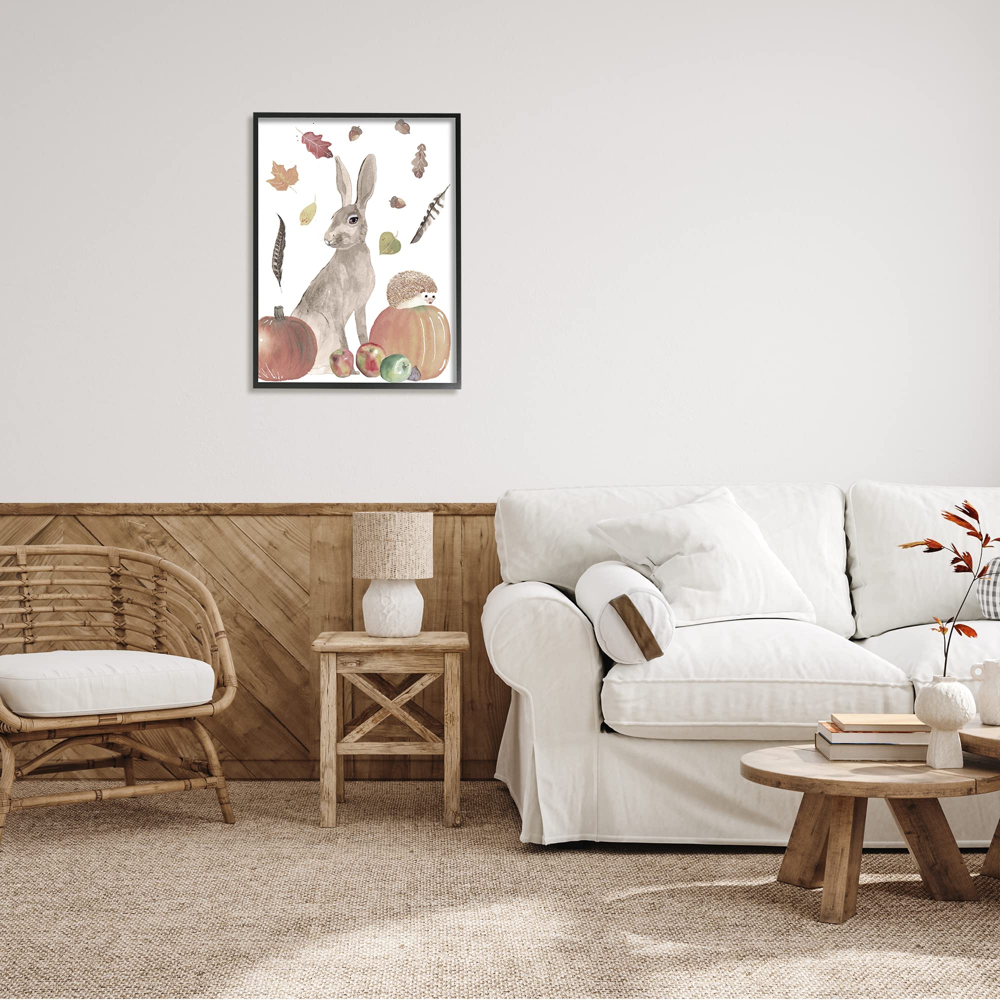 Stupell Industries Autumn Rabbit & Hedgehog Pumpkin Foliage Framed Wall Art - 24x30 Inches, Grey - Perfect for Fall Home Decor, Living Room, Bedroom & Seasonal Gift