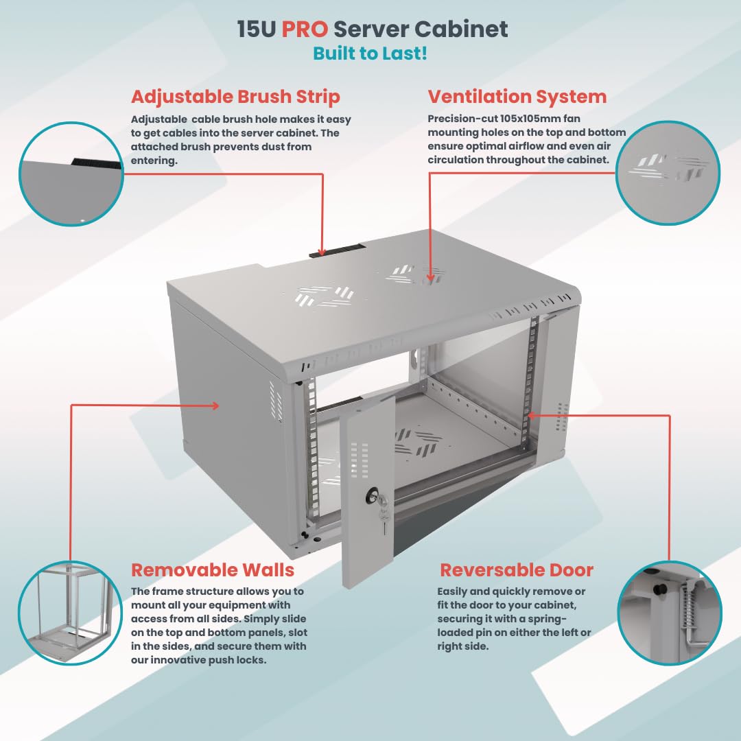 Stalflex 19 Inch 15U 600mm Heavy Duty Steel Server Rack Cabinet - Network Equipment Rack with Adjustable Rails & Shelves - Perfect for Data Centers, Server Rooms & Home Office Network Setup