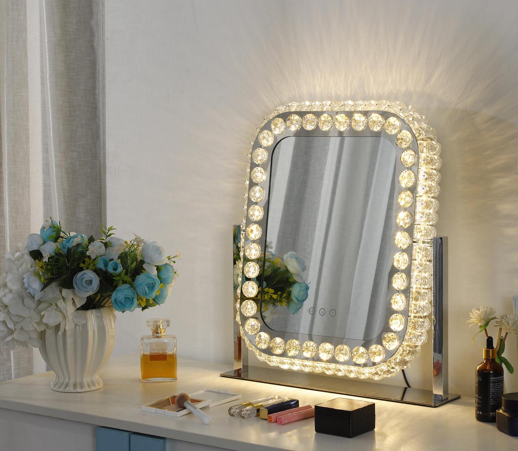 **Hollywood Vanity Mirror with Lights - 20x18 Inch Large Crystal Makeup Mirror with Touch Screen, 3 Color Modes & 360° Rotation - Plug-in LED Mirror for Bedroom, Dressing Room & Makeup Studio**