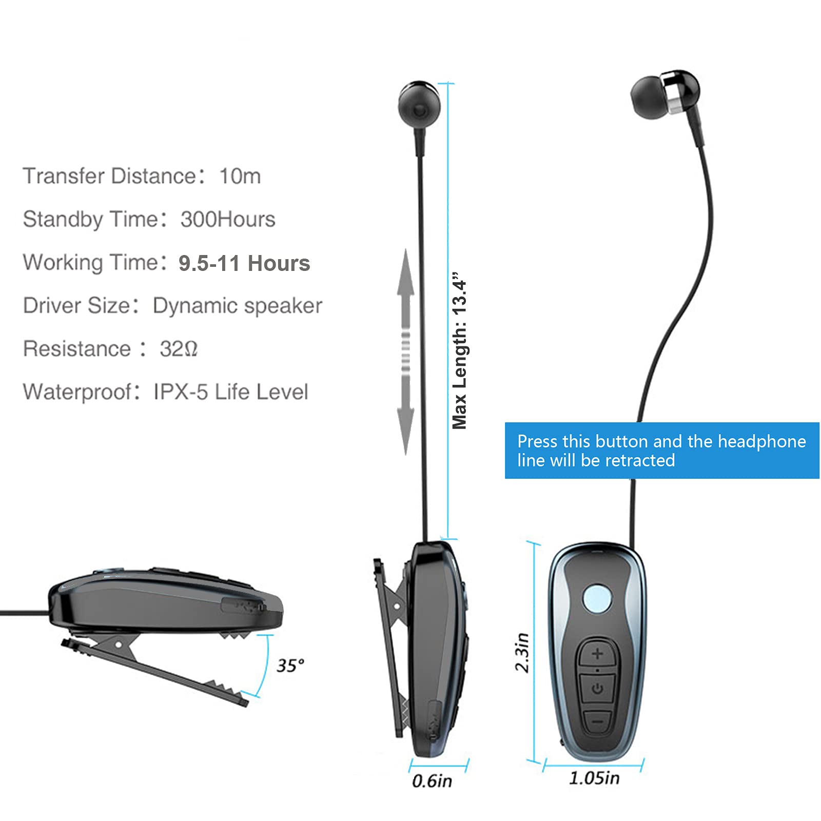 Retractable Wireless Bluetooth Headphones V5.0 - Lightweight Noise Cancelling Stereo Earphones with Mic for Sports, Running, Workout, Business & Driving | Compatible with iPhone & Android Phones | Perfect for Gym, Office, Commuting & Travel