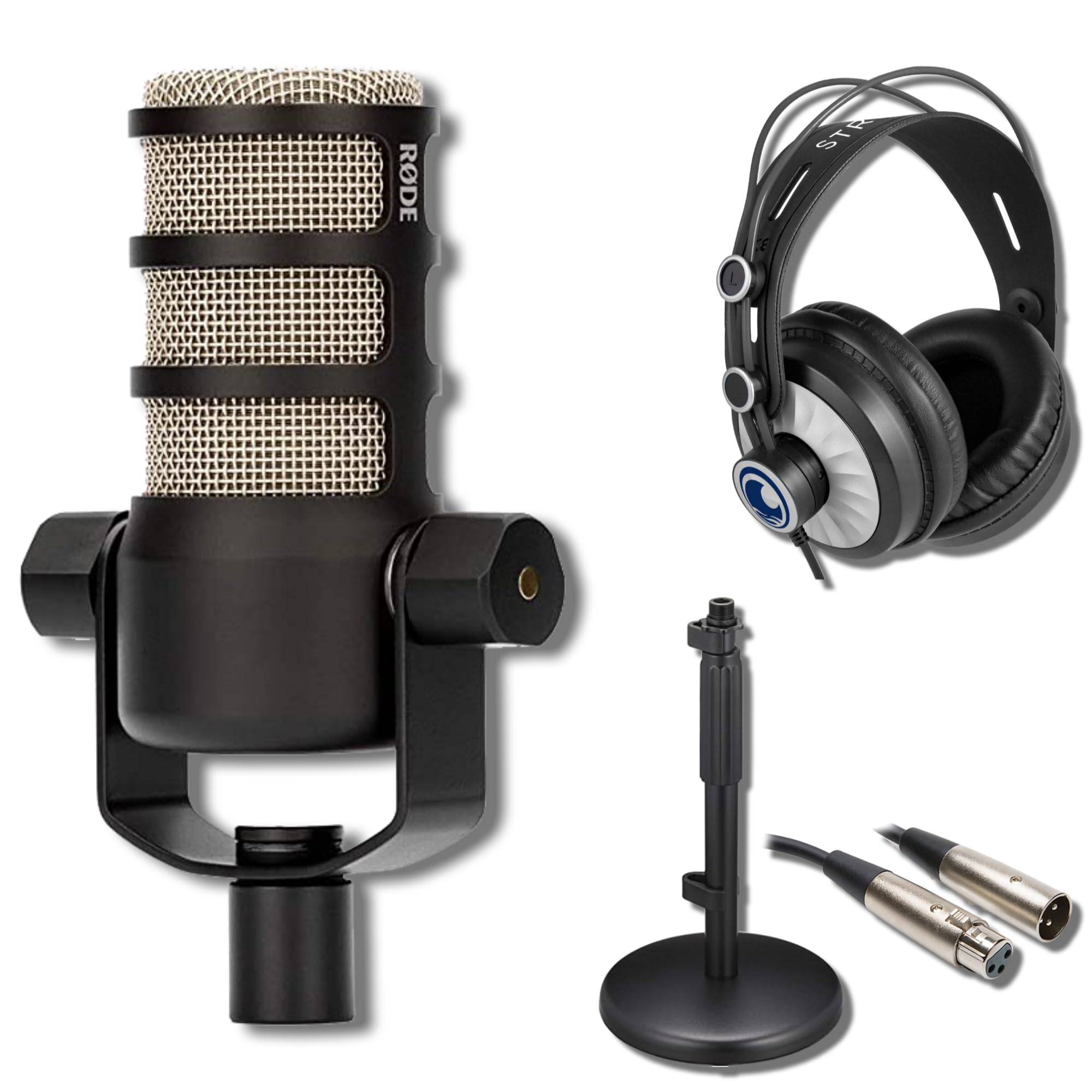 Rode PodMic Dynamic Podcast Microphone Kit with DS7200B Desktop Stand, Cans50 Headphones & XLR Cable - Professional Streaming Setup for Podcasters, Gamers & Content Creators