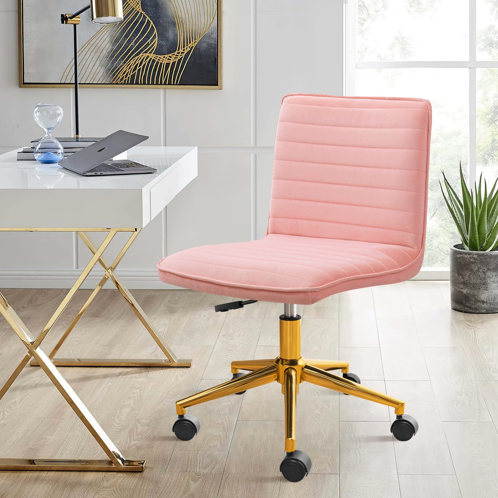 Furniliving Armless Vanity Chair with Wheels - Adjustable Height Soft Velvet Rolling Desk Chair with Gold Metal Base (Pink) | Perfect for Makeup Vanity, Home Office & Computer Workstation