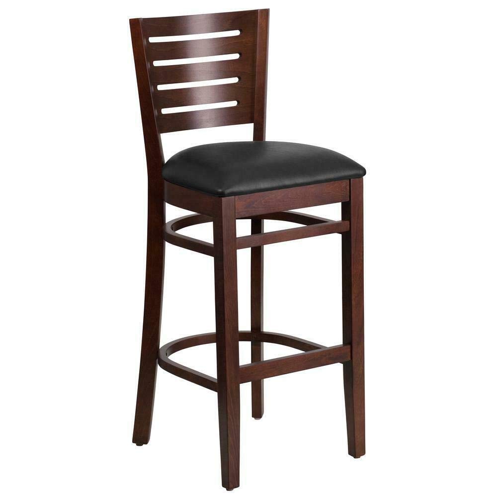 Black Vinyl Seat Barstool with Slat Back & Walnut Wood Finish - Perfect for Restaurants, Bars, and Home Kitchen Countertops