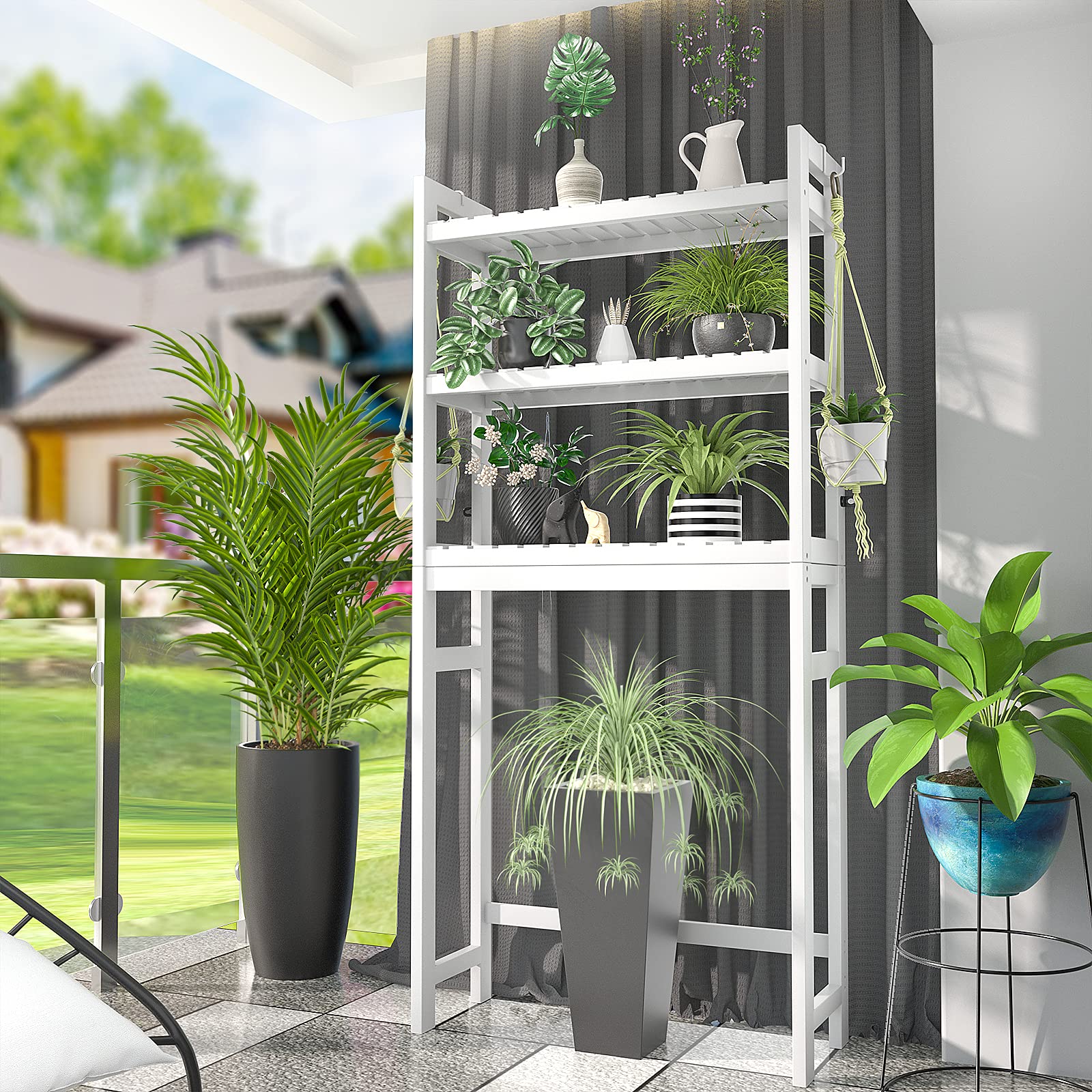 Homykic White Bamboo Over The Toilet Storage Shelf with 5-Tier Bathroom Organizer - Space Saving Bathroom Storage Solution for Small Spaces, Toilet Paper Holder & Towel Rack