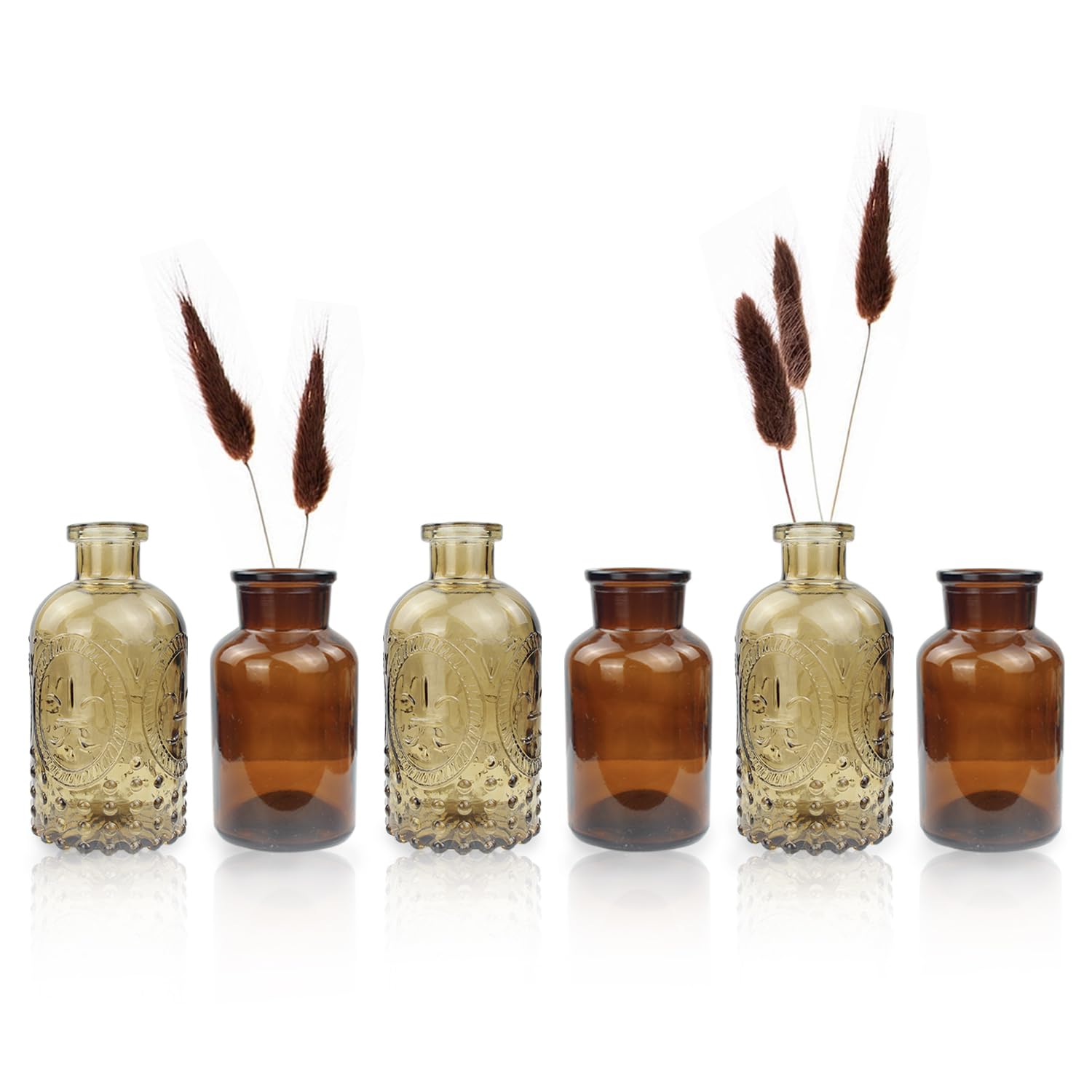 6Pcs Amber Glass Bud Vases - Small Brown Textured Rustic Decorative Bottles for Flowers, Mini Wedding Centerpiece Decor | Perfect for Weddings, Home Decor, and Floral Arrangements