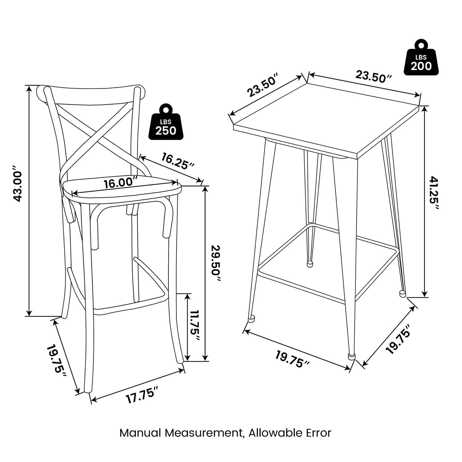 Glitzhome 3-Piece Rustic Steel Square Bar Table and High Back Bar Stools Set - Industrial Style Dining Table and Chairs for Kitchen, Pub, and Restaurant Use