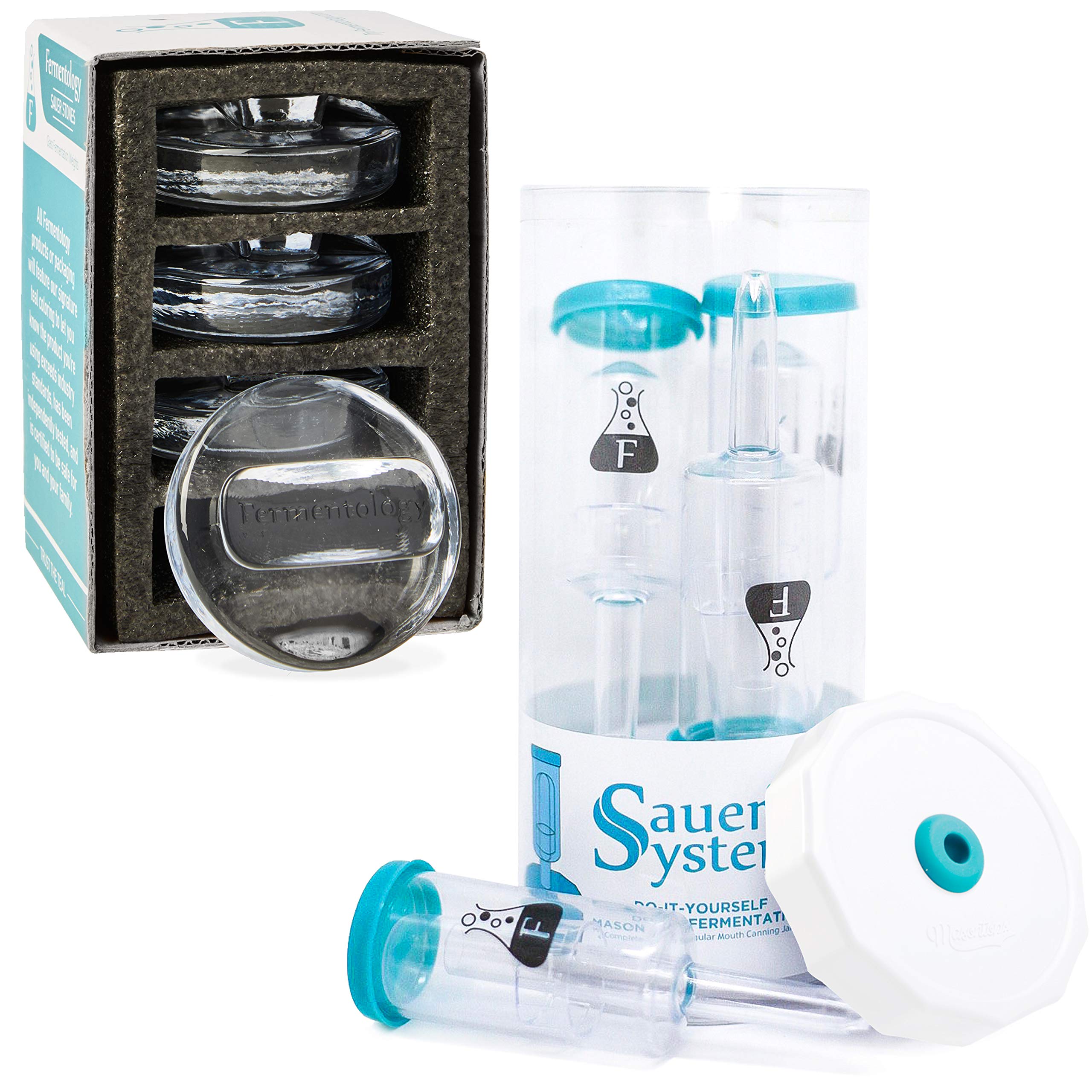 Fermentology Fermentation Airlock Kit with Glass Weights - Sauer System Lids & Stones for Wide Mouth Mason Jars - Perfect for Pickling, Kombucha & Home Brewing