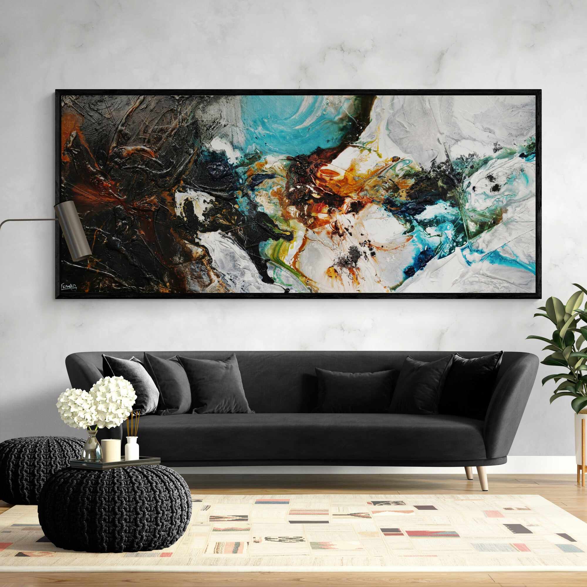 240cm x 100cm Black White Teal Textured Abstract Canvas Wall Art - Modern Natural Potion Painting for Living Room, Bedroom & Office Decor