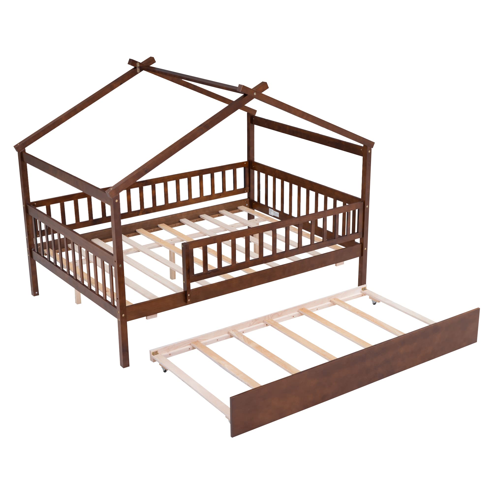 RUNNA Full Size Wooden House Bed with Twin Trundle & Roof - Solid Wood Platform Bed with Headboard & Footboard for Kids, Toddlers & Teens - Perfect for Bedrooms, Playrooms & Sleepovers (Walnut Finish, Full Size)