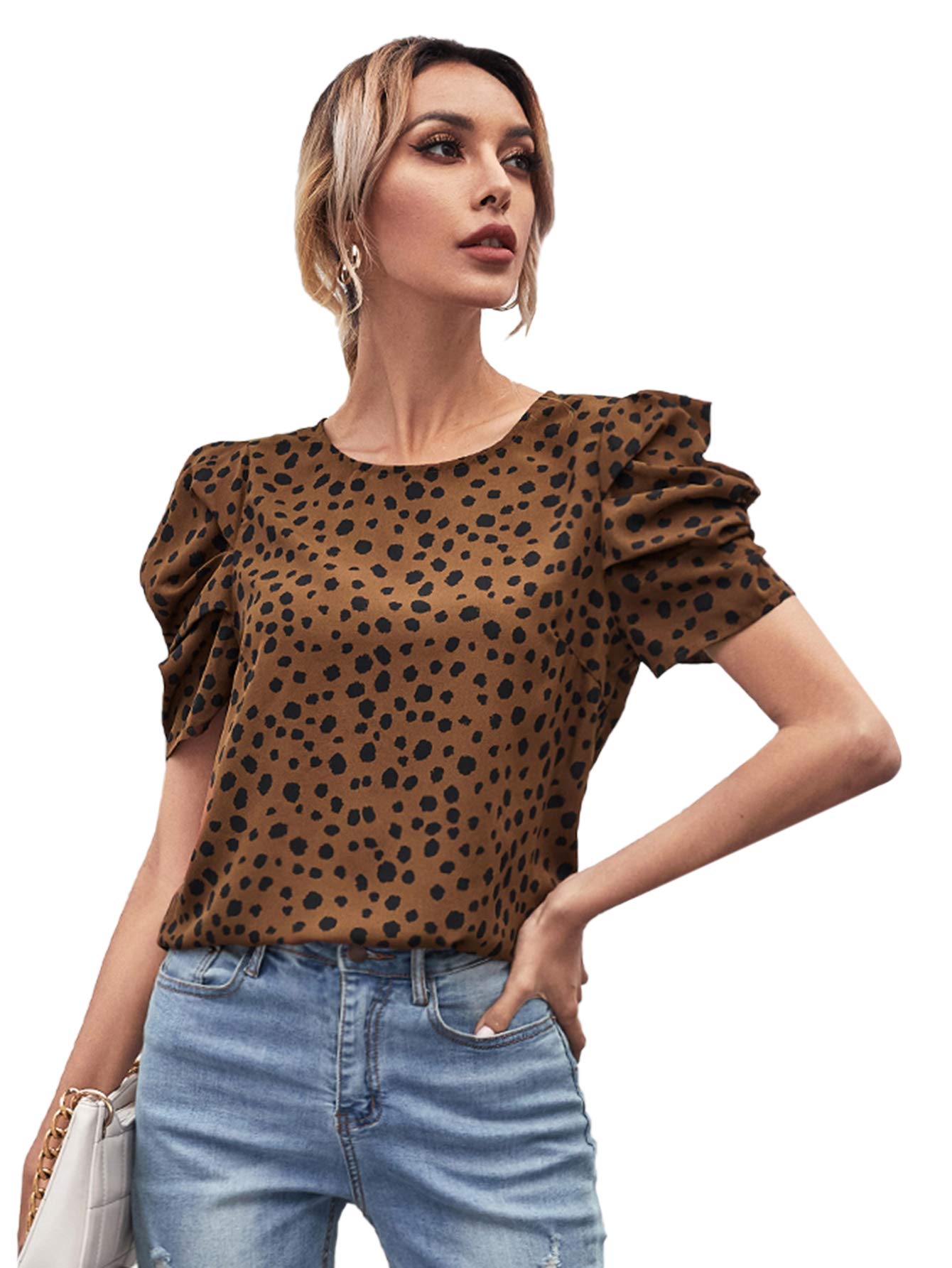 Romwe Women's Floral Puff Short Sleeve V-Neck Blouse - Work & Casual Tops for Spring Summer Outfits | Office Wear, Date Night, Weekend Brunch