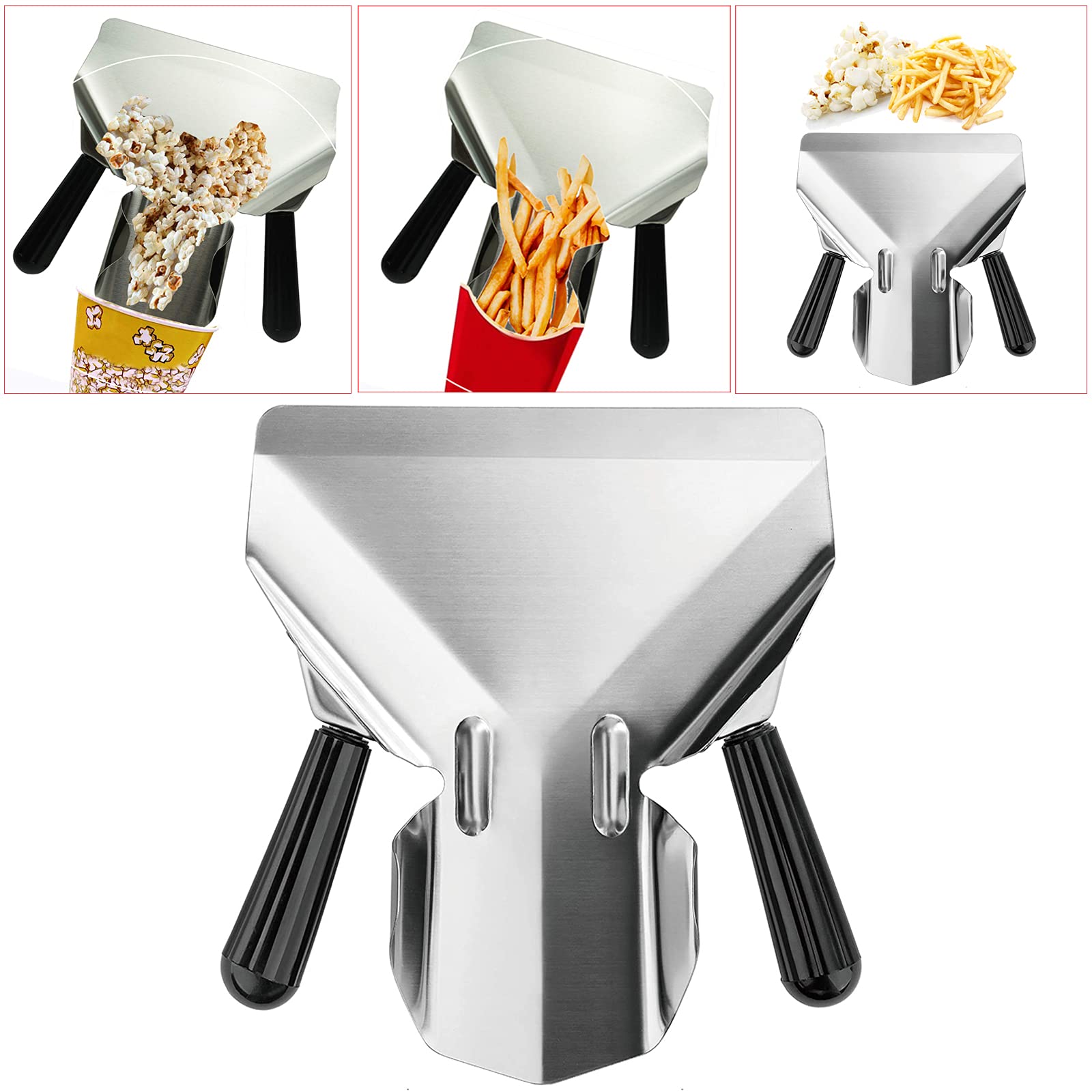 Premium Stainless Steel Dual Handle French Fry Scoop – Perfect for Popcorn, Chips, Ice Candy & Desserts – Removable Right Handle for Easy Use – Ideal for Restaurants, Movie Theaters & Home Snacking