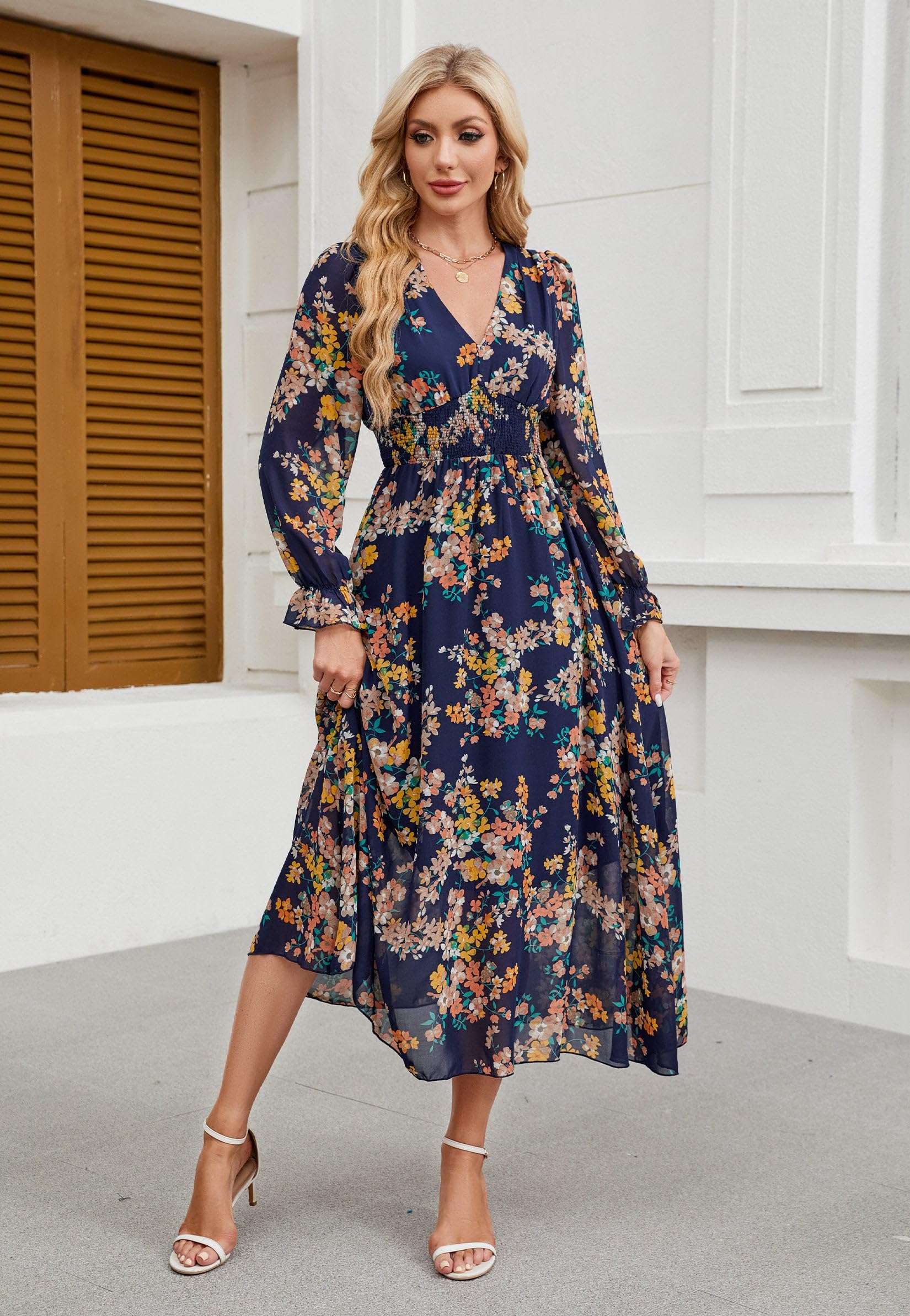 Floral Summer Maxi Dress for Women 2025 - Long Sleeve V-Neck Empire Waist Flowy Dress for Spring Wedding Guest, Beach Vacation & Special Occasions