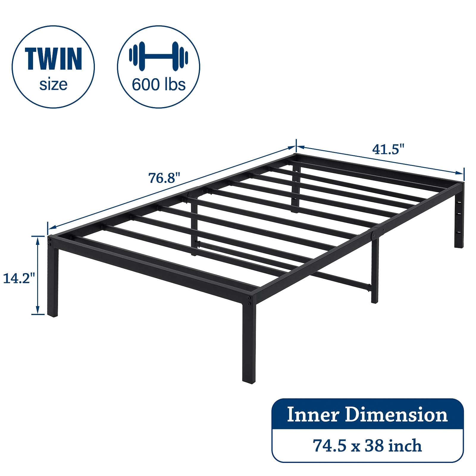 14 Inch Heavy Duty Metal Twin Bed Frame with Storage - No Box Spring Needed, Sturdy Steel Slats & Anti-Slip Support - Easy Quick Lock Assembly (Black) - Perfect for Small Spaces, Guest Rooms & Dormitories
