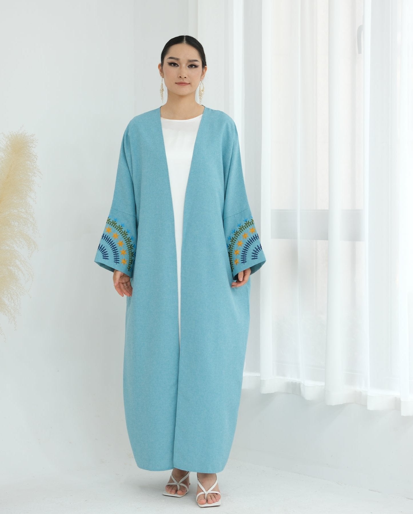 Carin Embroidered Kimono Duster Jacket - Duck Blue | Lightweight Cover-Up for Women | Perfect for Beach, Vacation & Boho Outfits