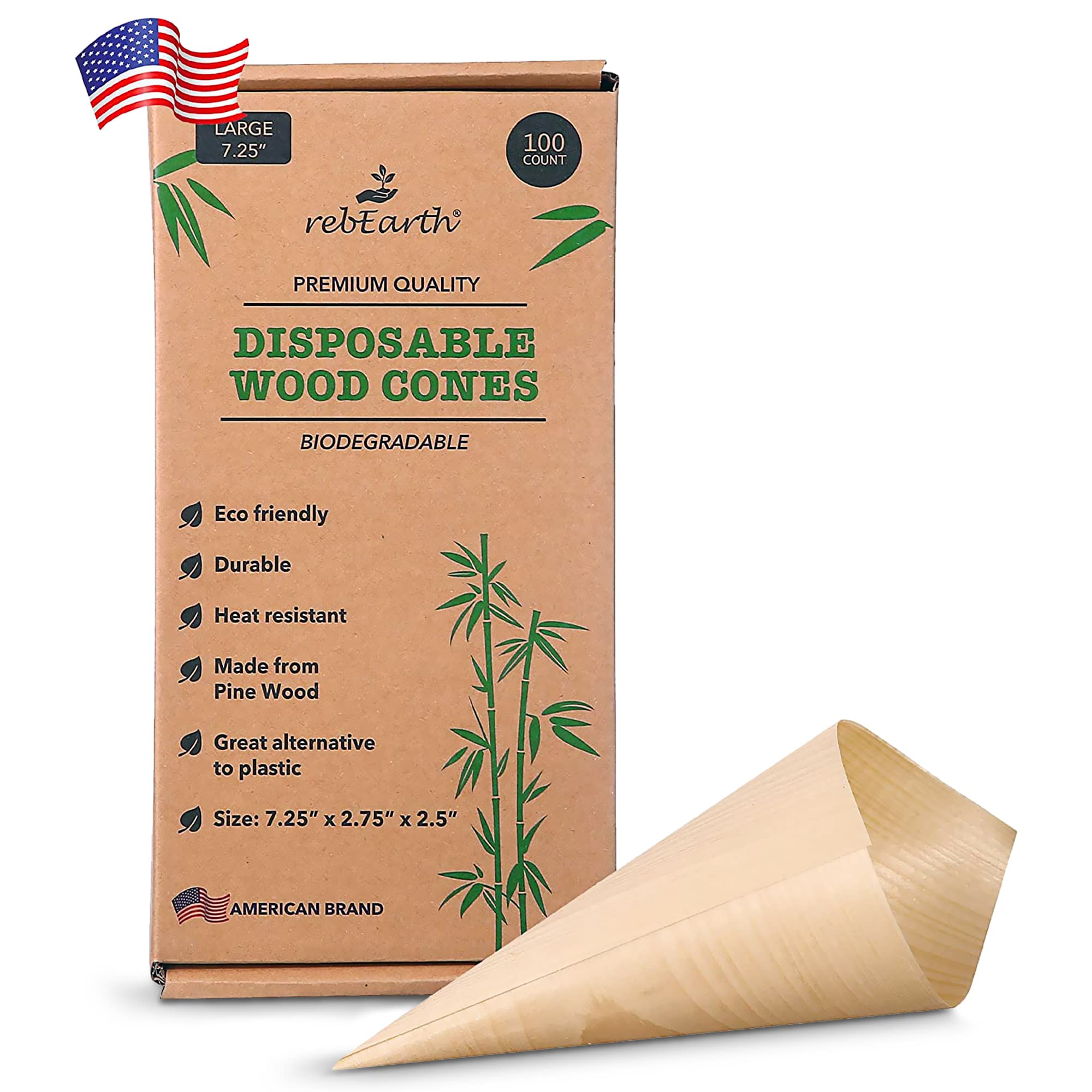 Eco-Friendly Disposable Pinewood Cones - 100 Count 7.25