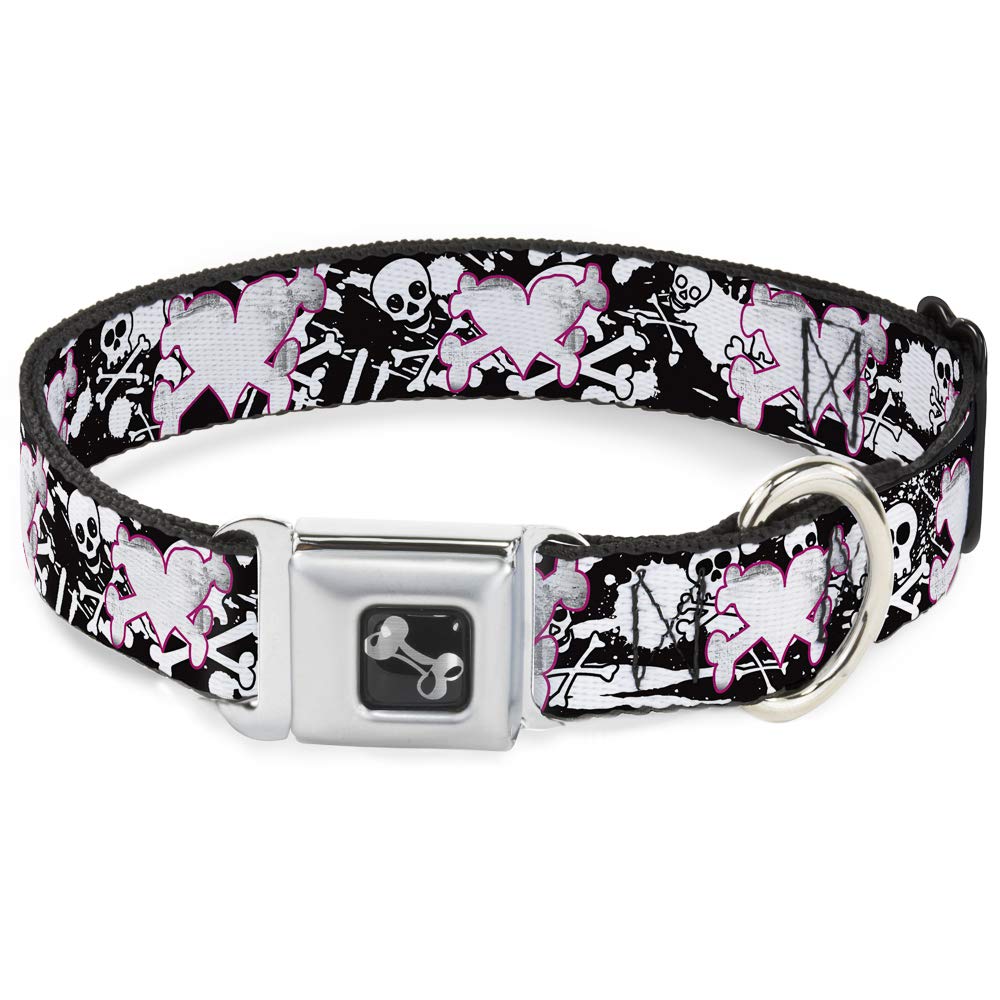 Buckle-Down Seatbelt Buckle Dog Collar - Skull & Crossbones Design with Black/White Splatter - 1.5