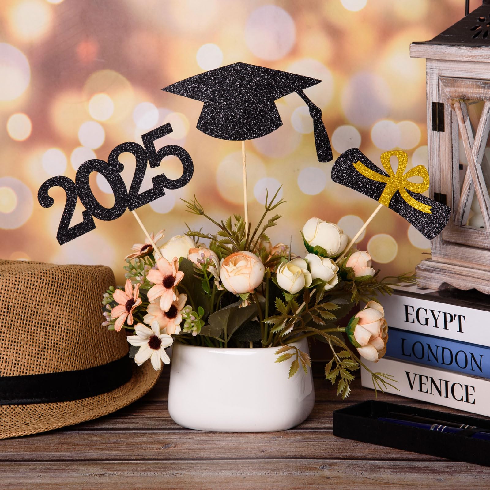 12-Piece Glitter Graduation Centerpiece Sticks - Class of 2025 Cake Toppers & Floral Picks for High School & College Graduation Parties (Black) | Perfect for Graduation Decorations, Table Centerpieces, and Photo Backdrops