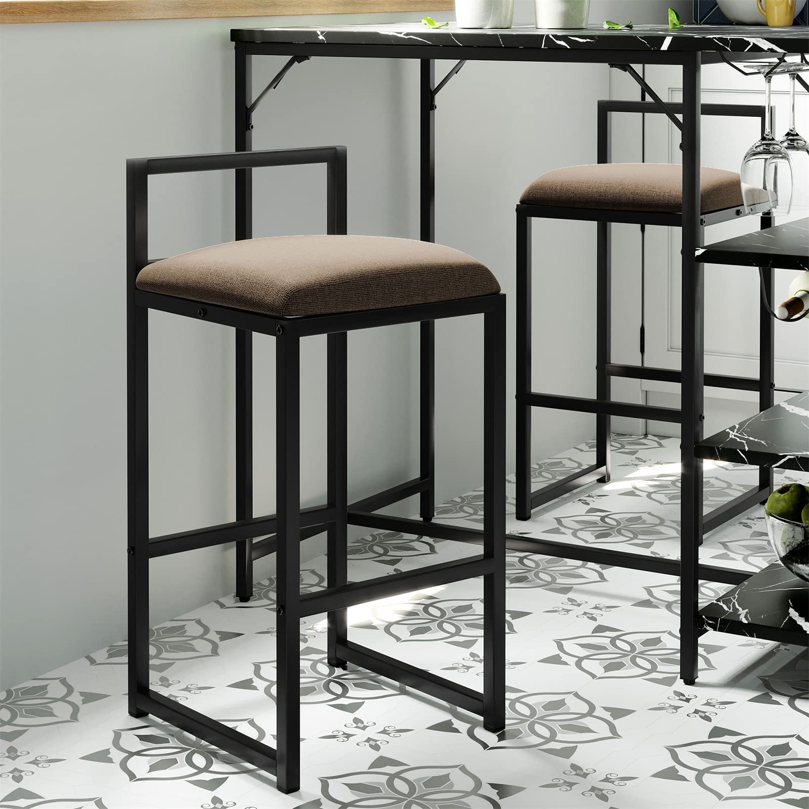 VERYKE 3-Piece Counter Height Dining Set with 2 Upholstered Bar Stools, 3 Open Storage Shelves, 4 Glass Holders & 2 Wine Racks - Perfect for Small Spaces, Breakfast Nooks, and Modern Kitchen Bars (Black)