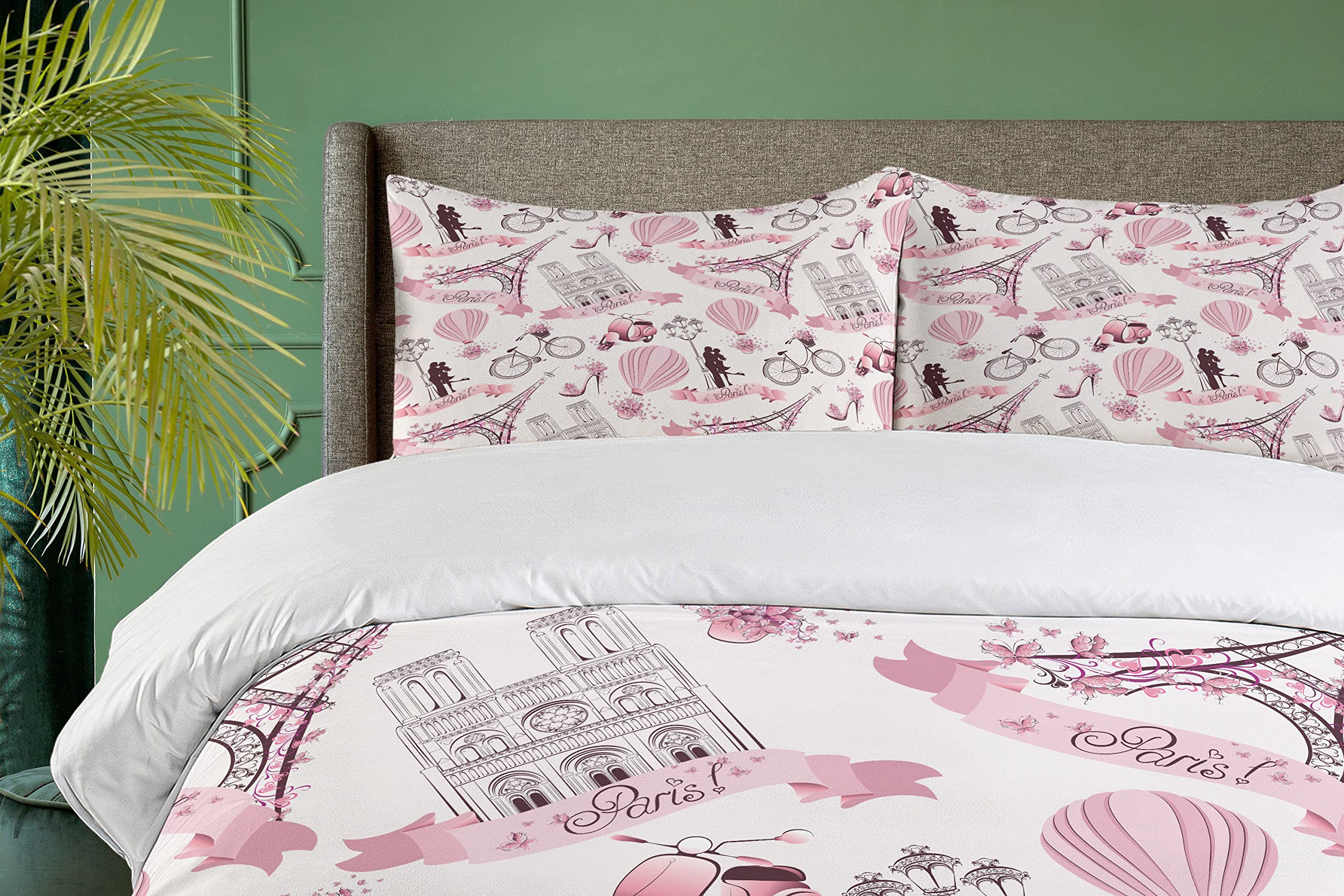 Ambesonne Paris Themed Duvet Cover Set - Eiffel Tower, Hot Air Balloon & Romantic Flowers Design, 3-Piece California King Bedding with 2 Pillow Shams in Pale Pink & White | Perfect for Honeymoon Decor, Travel Enthusiasts & French-Themed Bedrooms
