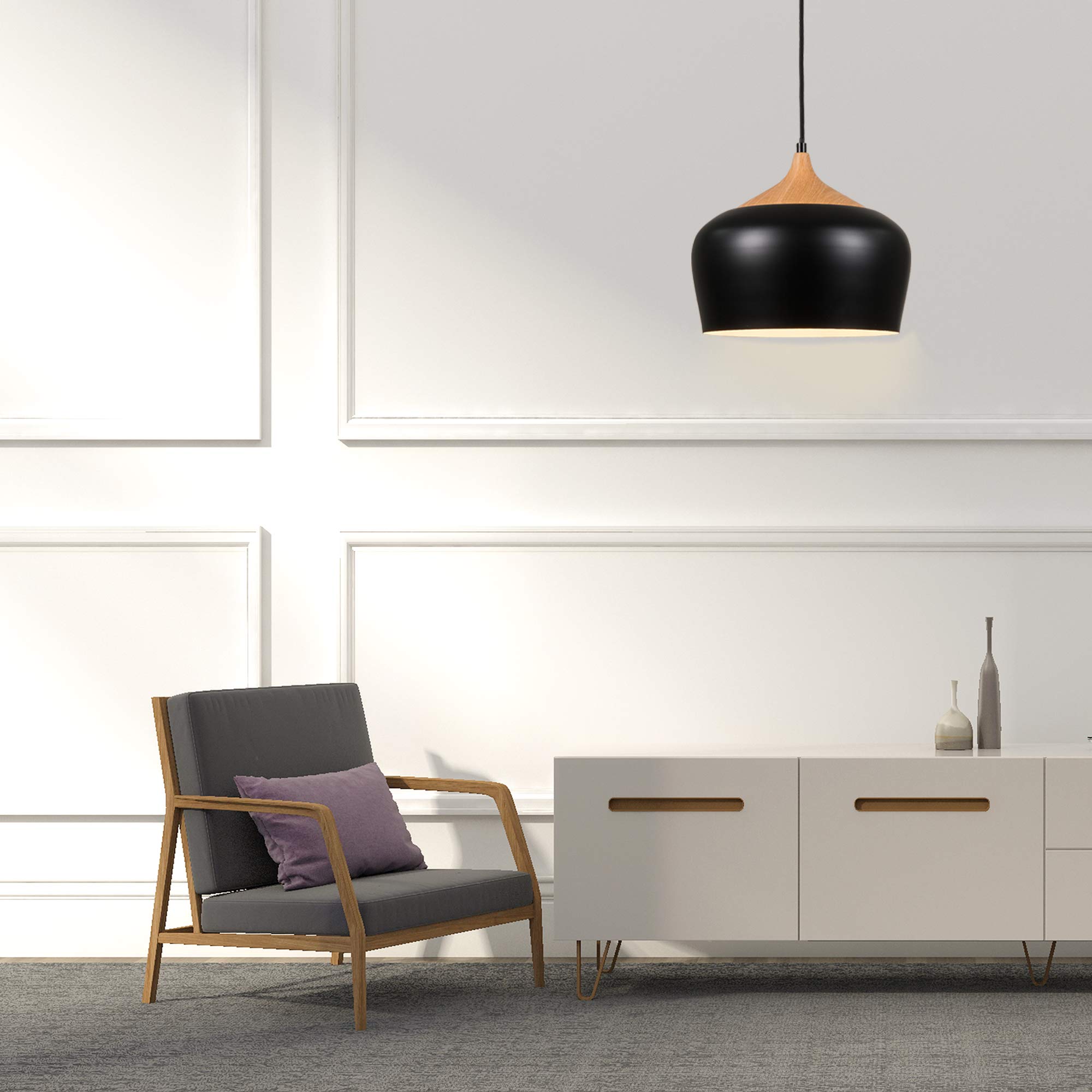 Modern Wood Pattern Pendant Light - Minimalist Industrial Dome Ceiling Hanging Lamp for Kitchen Island, Dining Room, Living Room, Bedroom, Barn - Black | Perfect for Farmhouse, Loft & Industrial Decor Styles
