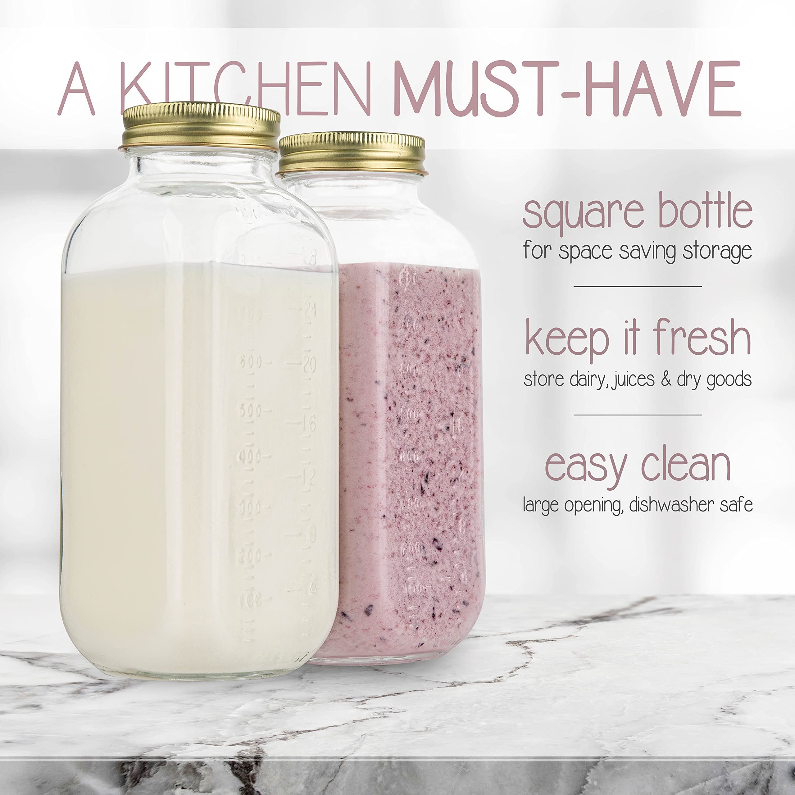 32oz Square Glass Milk Bottle with Airtight Metal Lid - 1 Quart Reusable Milk Jug for Yogurt, Smoothies, Kefir, Kombucha & Water Storage - Perfect for Fridge, Pantry & Meal Prep