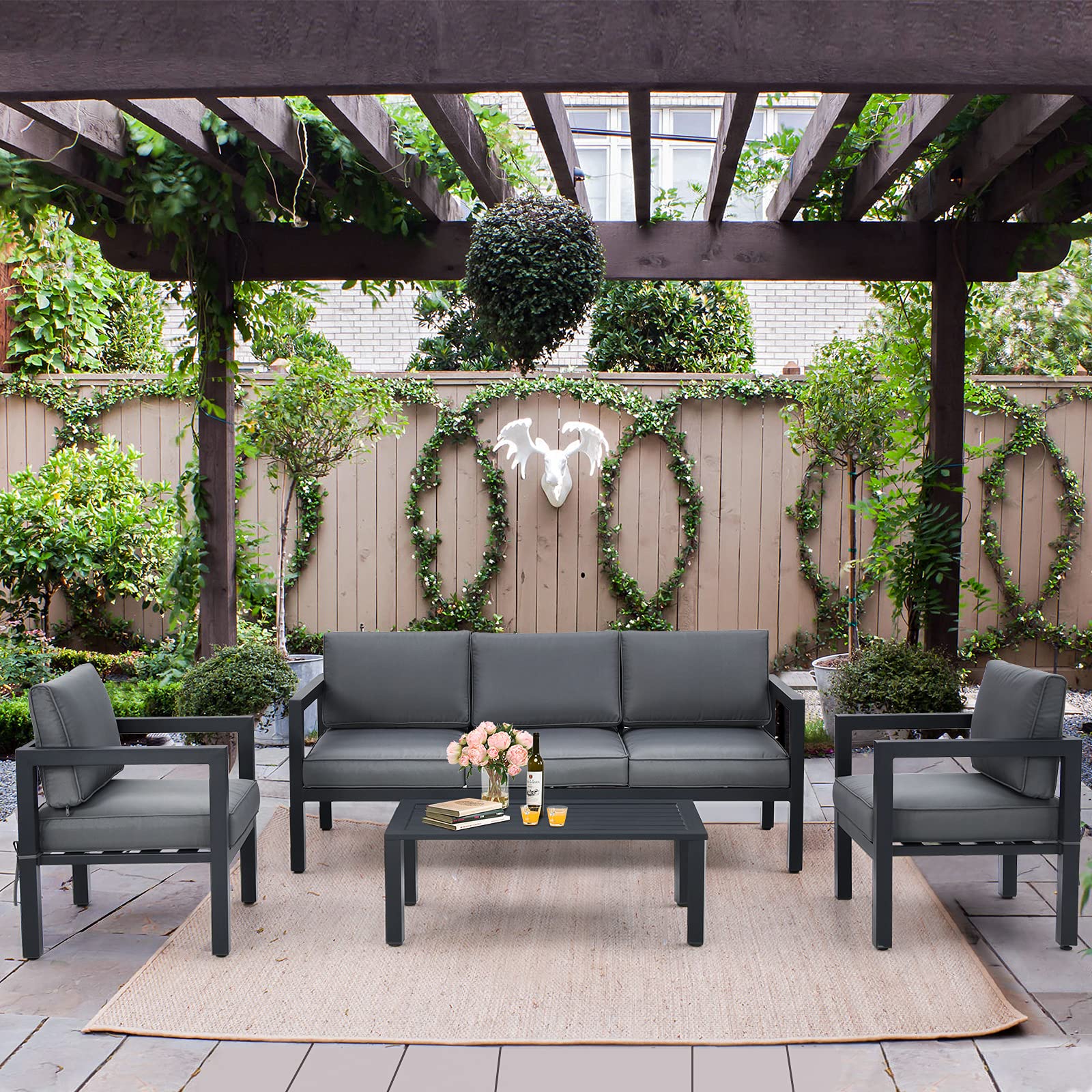 Tangkula 4-Piece Outdoor Patio Furniture Set - Aluminum Garden Conversation Set with Padded Cushions, Includes 3-Seat Sofa, Coffee Table & 2 Chairs - Perfect for Backyard, Poolside, Deck or Terrace (Grey)