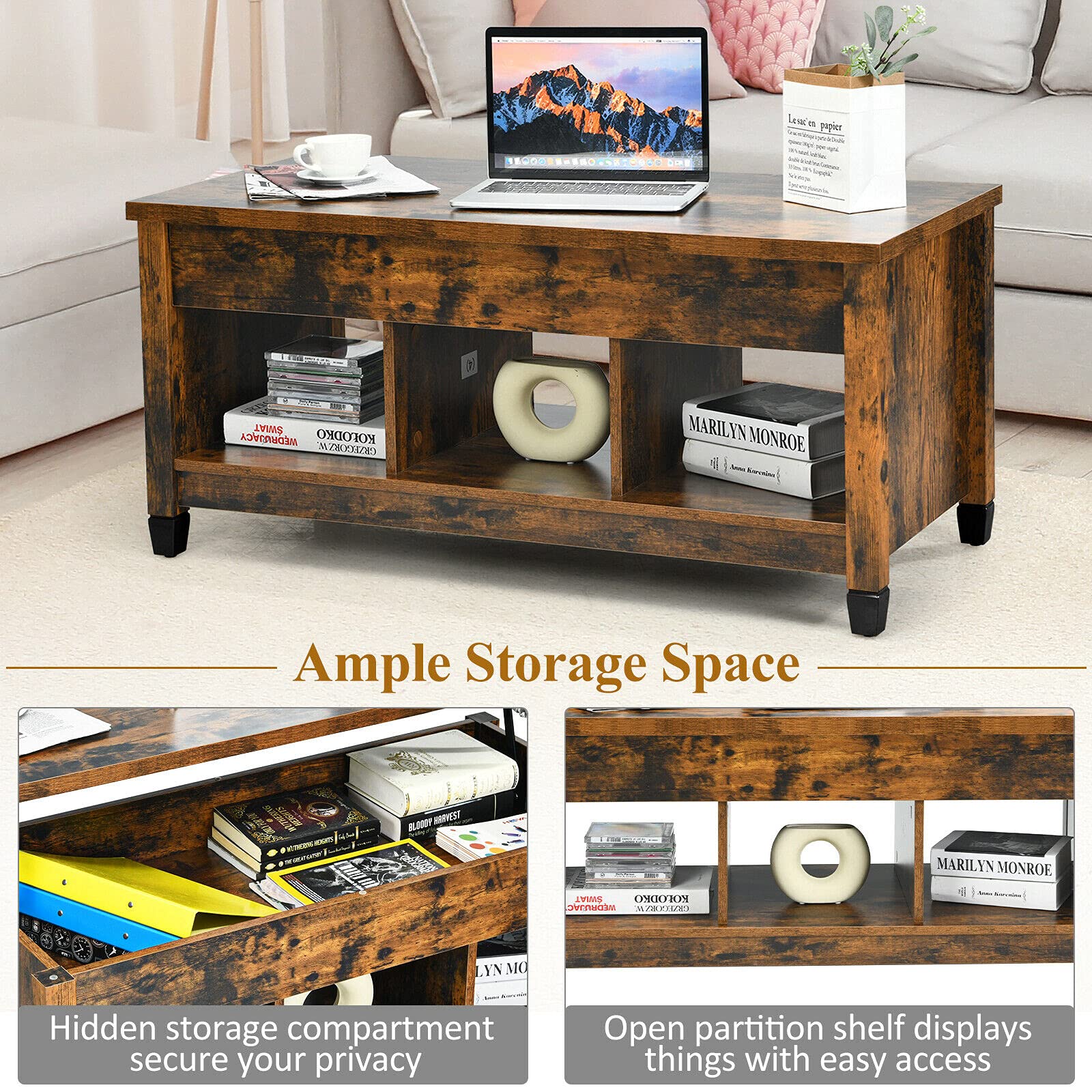 Lift Top Coffee Table with Hidden Storage Compartment & Display Shelves - Rustic Brown Retro Center Table for Living Room, Bedroom, Home & Office - Perfect for Tea Time, Dining, and Extra Storage Space