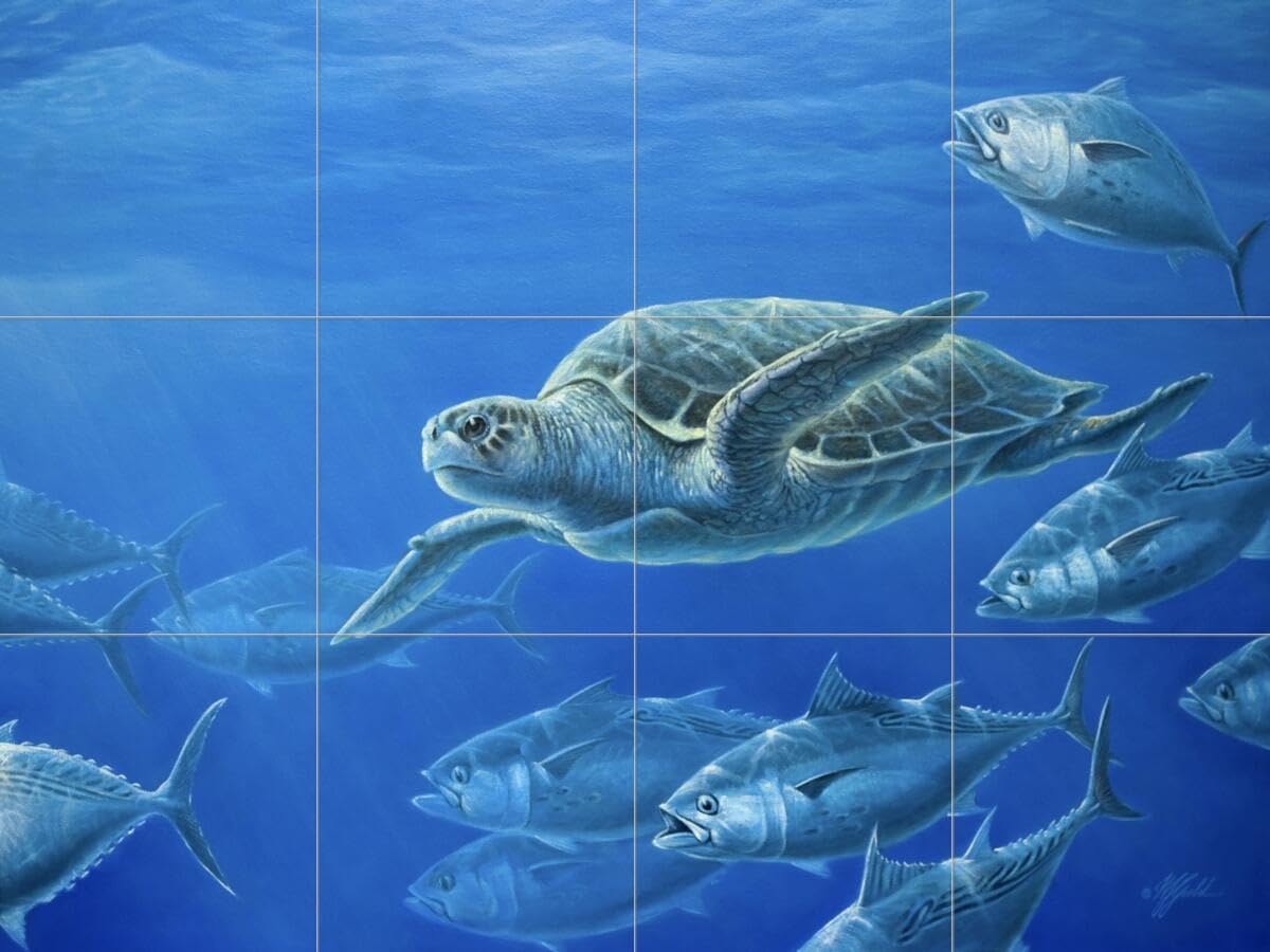 Hand-Painted Ceramic Backsplash Tile Mural - Sea Turtle Ocean Life Underwater Theme for Kitchen, Bathroom & Shower - Wilhelm Goebel Collection - Perfect for Coastal Home Decor & Spa Retreats