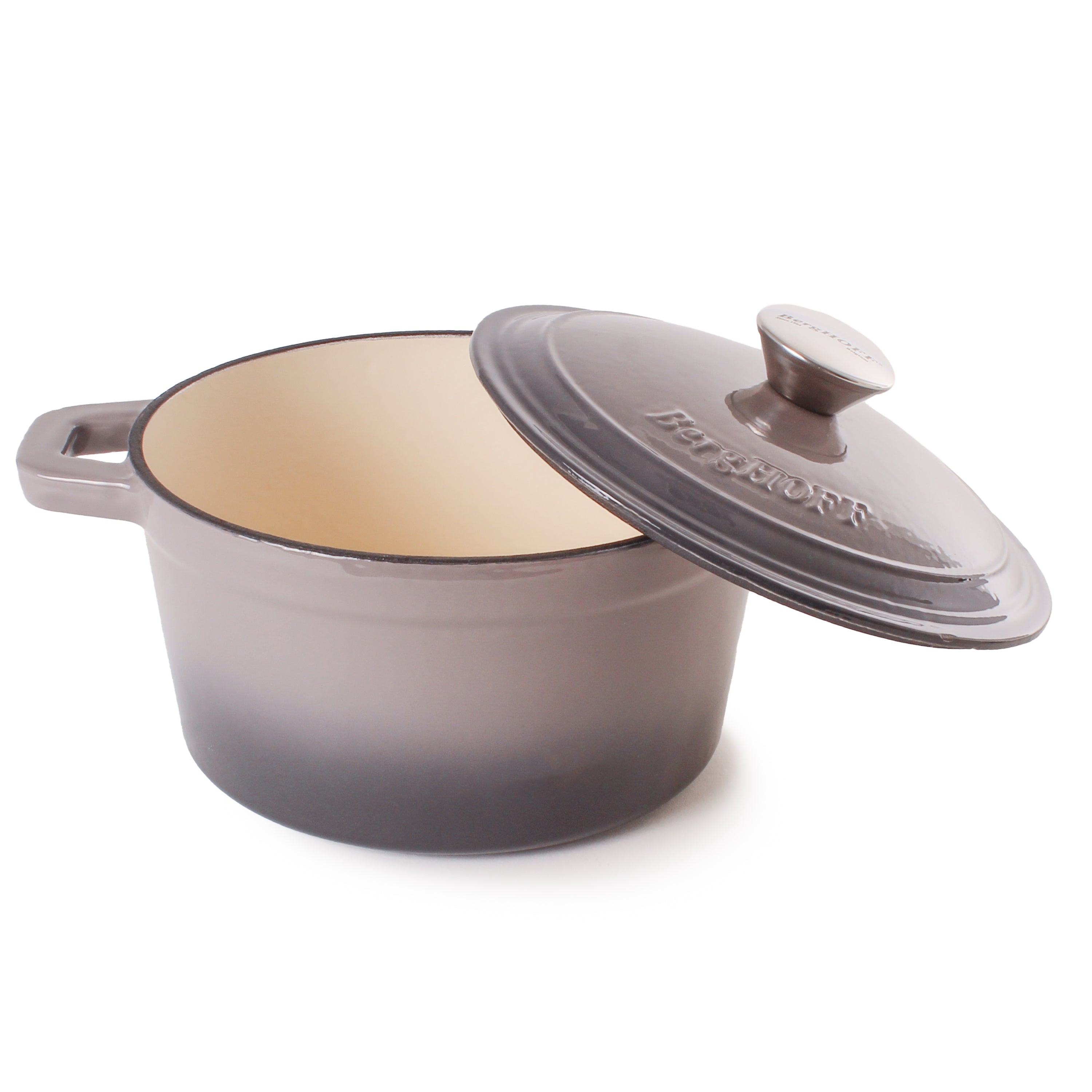 BergHOFF Neo 3-Piece Cast Iron Cookware Set - Grill Pan & Round Dutch Oven with Lid, Oyster Gray - Premium Enameled Cast Iron for Stovetop, Oven & Camping - Perfect for Grilling, Braising & Outdoor Cooking