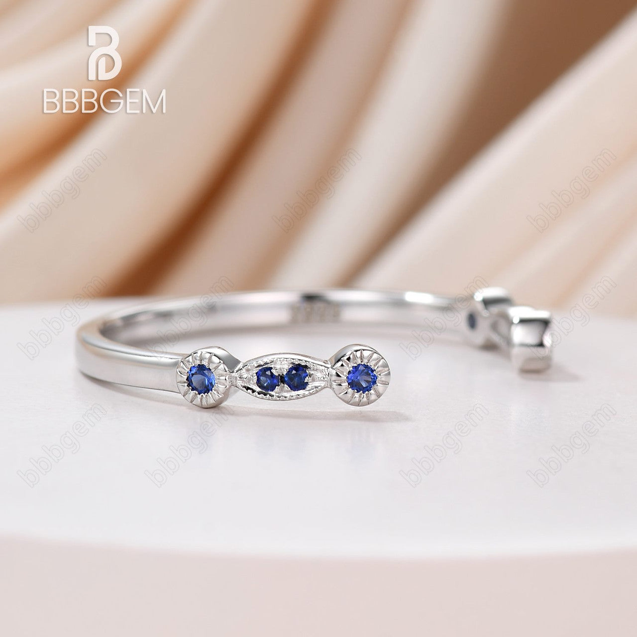 14K White Gold Natural Sapphire Open Gap Wedding Band - Marquise and Round Cut Sapphire Ring for Women, Perfect for Engagement, Anniversary, and Bridal Jewelry Gifts