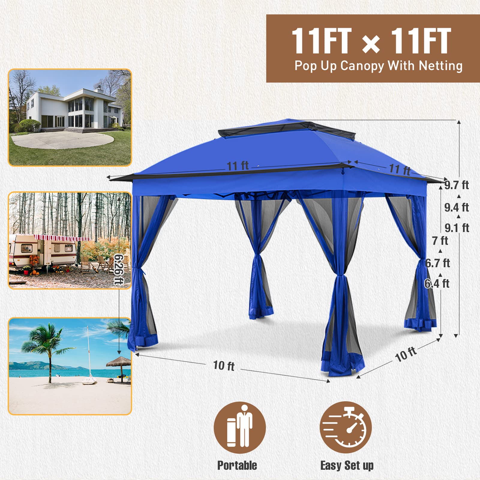 11x11 Outdoor Pop Up Gazebo Tent with Mesh Walls - Portable Canopy for Patio, Lawn, Backyard, Deck & Camping - UV Protection & Weather Resistant - Perfect for BBQs, Parties & Outdoor Relaxation (Blue)