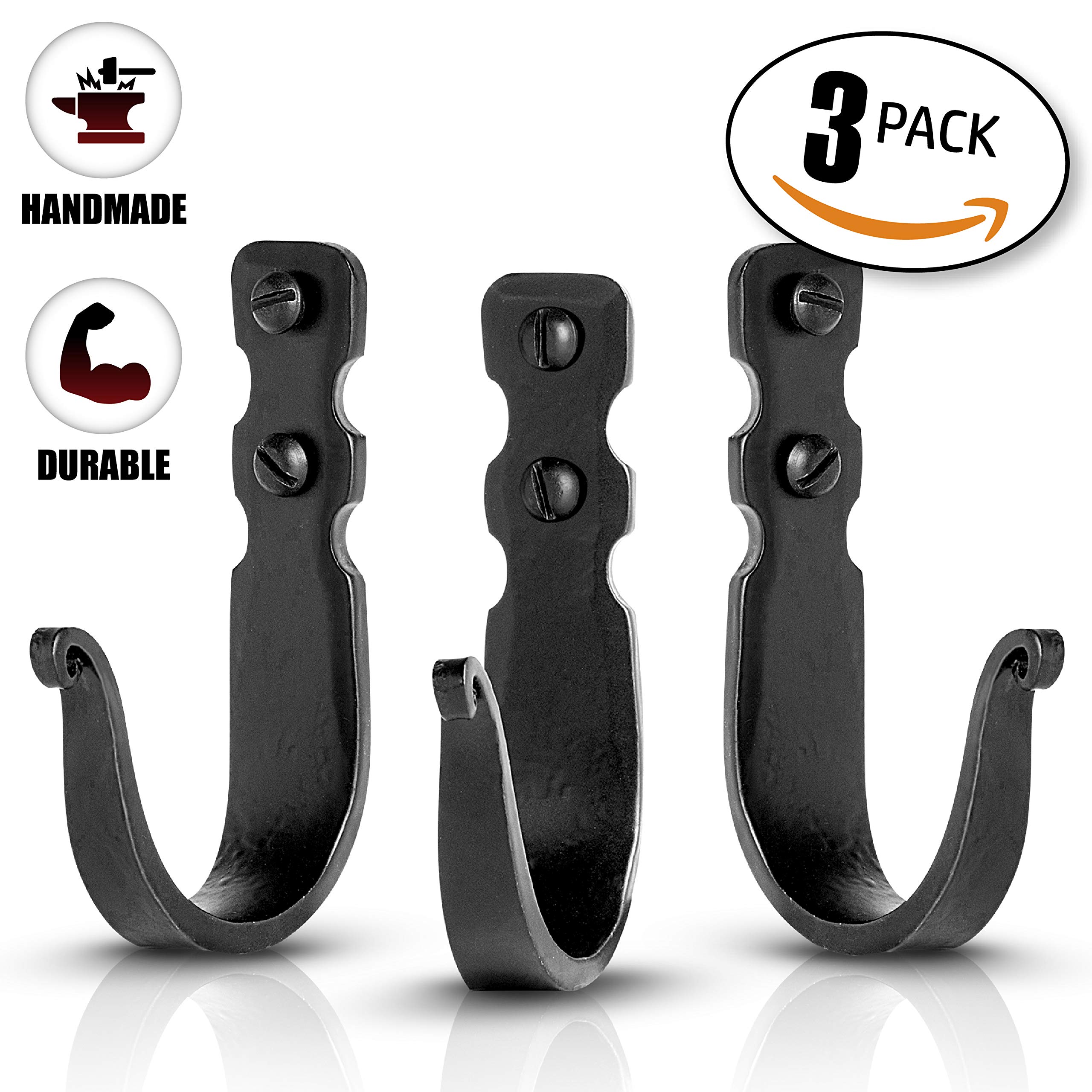 Rustic Wrought Iron Wall Hooks - Set of 3 Black Farmhouse Hooks for Hanging Coats, Hats, Bags & Towels - 3.3 x 2 x 0.8 Inches - Perfect for Entryway, Bathroom & Kitchen Organization
