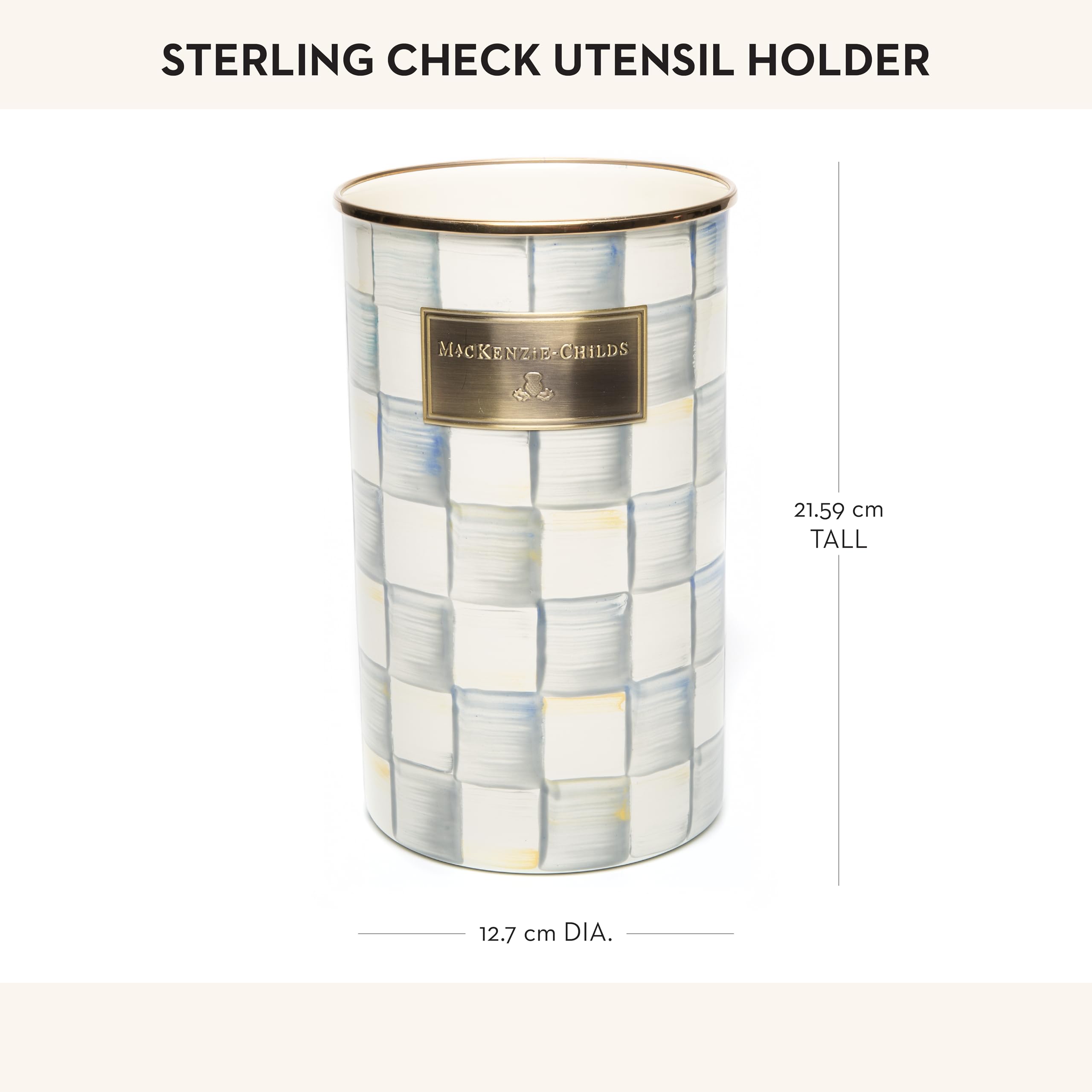 MACKENZIE-CHILDS Enamel Kitchen Utensil Holder - Countertop Storage Caddy Organizer in Gray & White Sterling Check Pattern - Perfect for Farmhouse, Cottage & Modern Kitchens