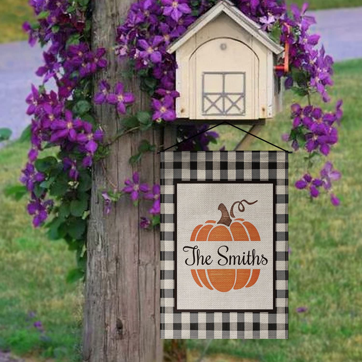 Custom Fall Pumpkin Garden Flag - Personalized Buffalo Plaid Family Name - Double Sided 12x18 Inch Rustic Farmhouse Decor for Yard, Porch & Outdoor Autumn Decoration