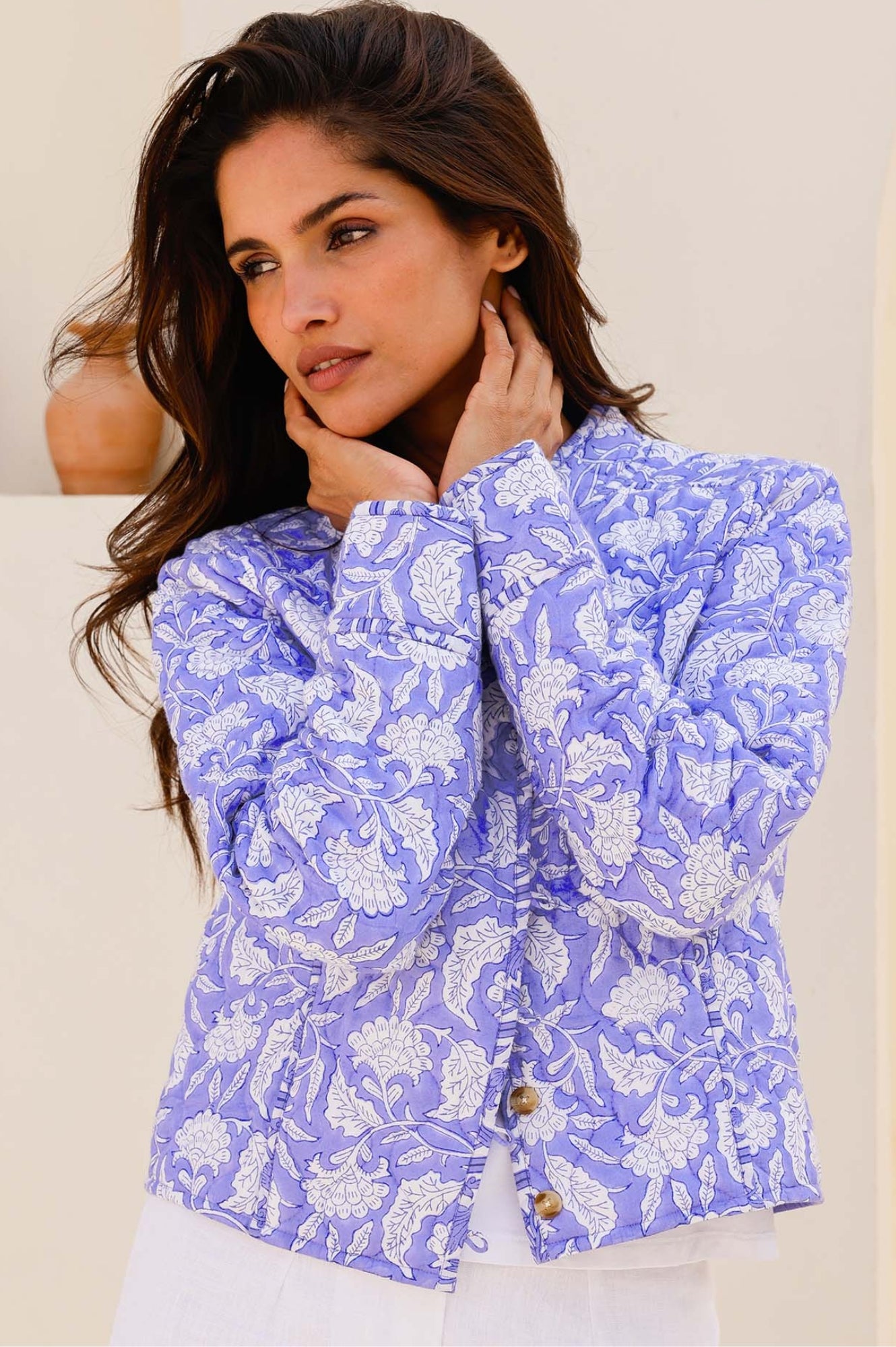 Polly Organic Cotton Block Print Quilted Jacket - Iris Blue & White | Eco-Friendly Women's Outerwear for Spring & Fall Fashion