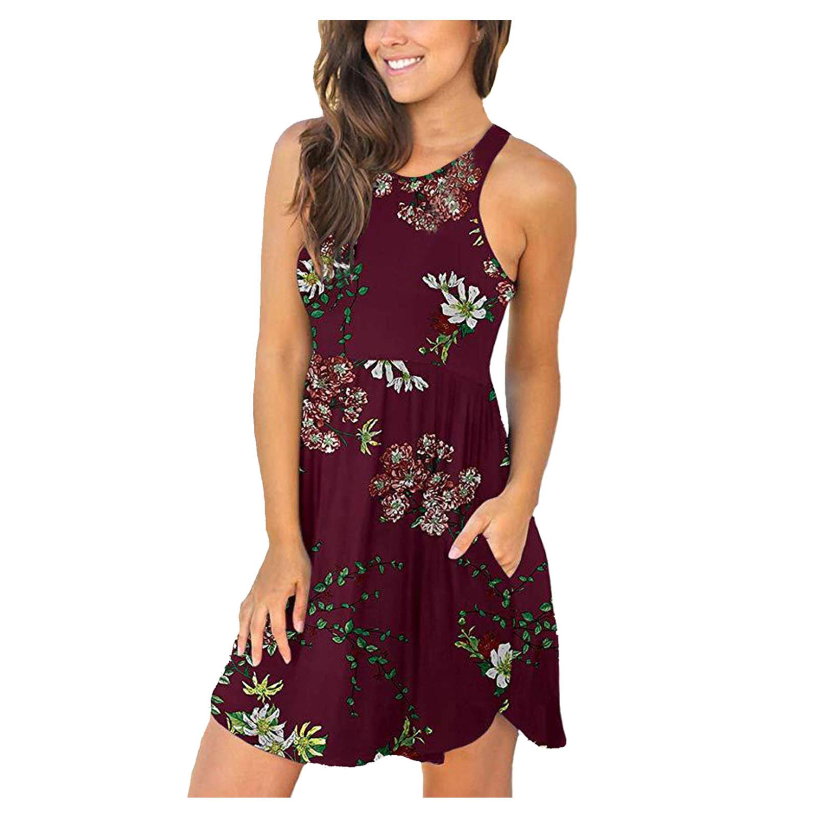 Women's Printed Waist Swing Dress with Round Neck and Pockets - Flowy Midi Dress for Casual Wear, Summer Outfits & Beach Vacations