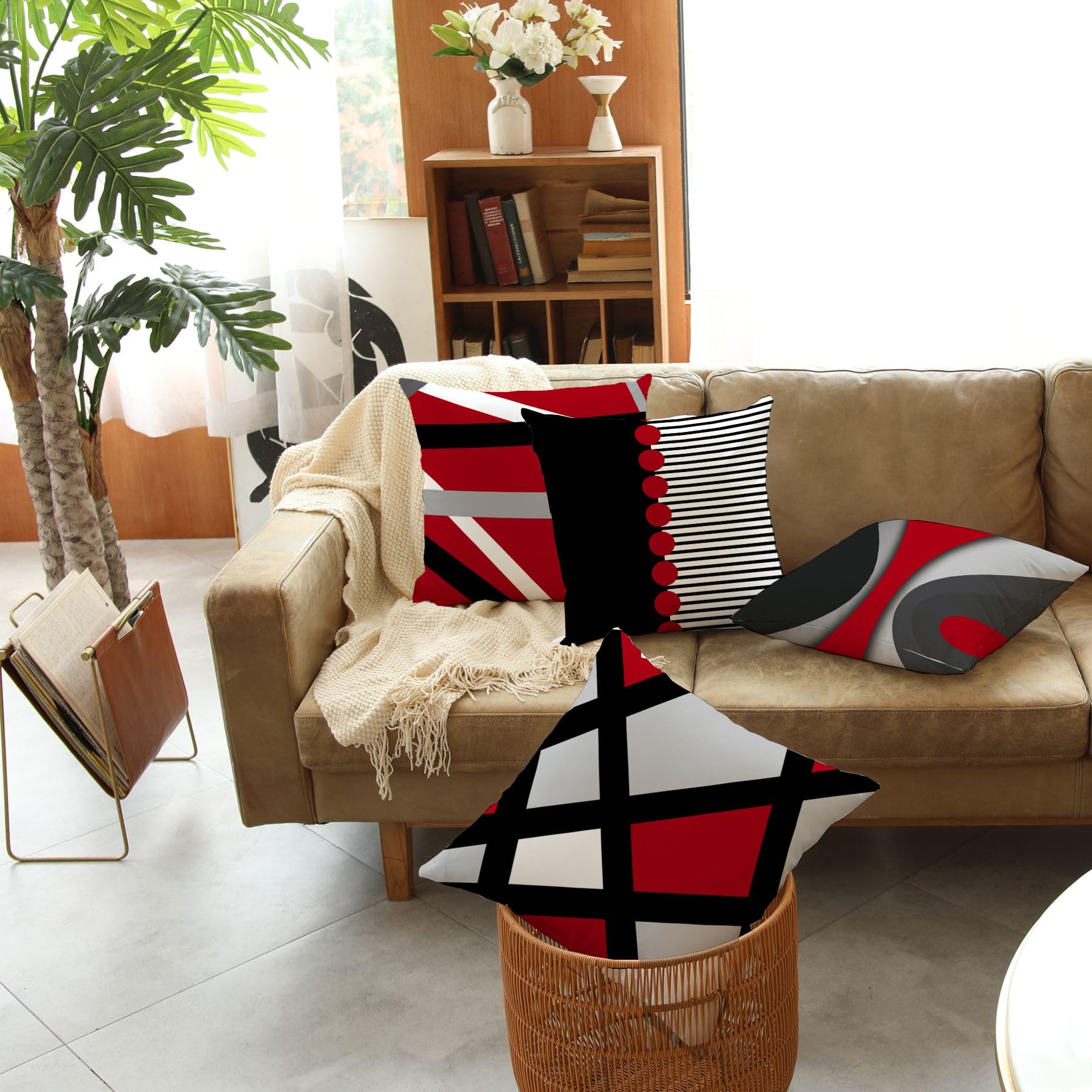 Red and Black Decorative Throw Pillows Set of 4 - 18x18 Inch Geometric Abstract Square Pillow Covers with Zipper for Sofa, Couch, Bed - Perfect for Living Room, Outdoor Patio & Home Decor