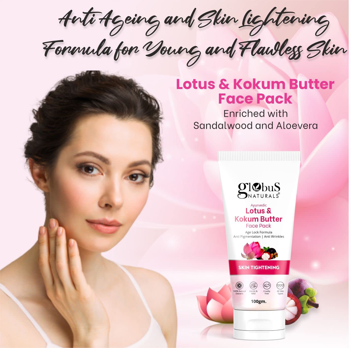 Globus Naturals Anti-Aging Combo Set - Lotus Kokum Butter Face Pack 100g & Cucumber Toner 100ml for Youthful Skin | Hydrating & Brightening Skincare Routine for Day & Night Use