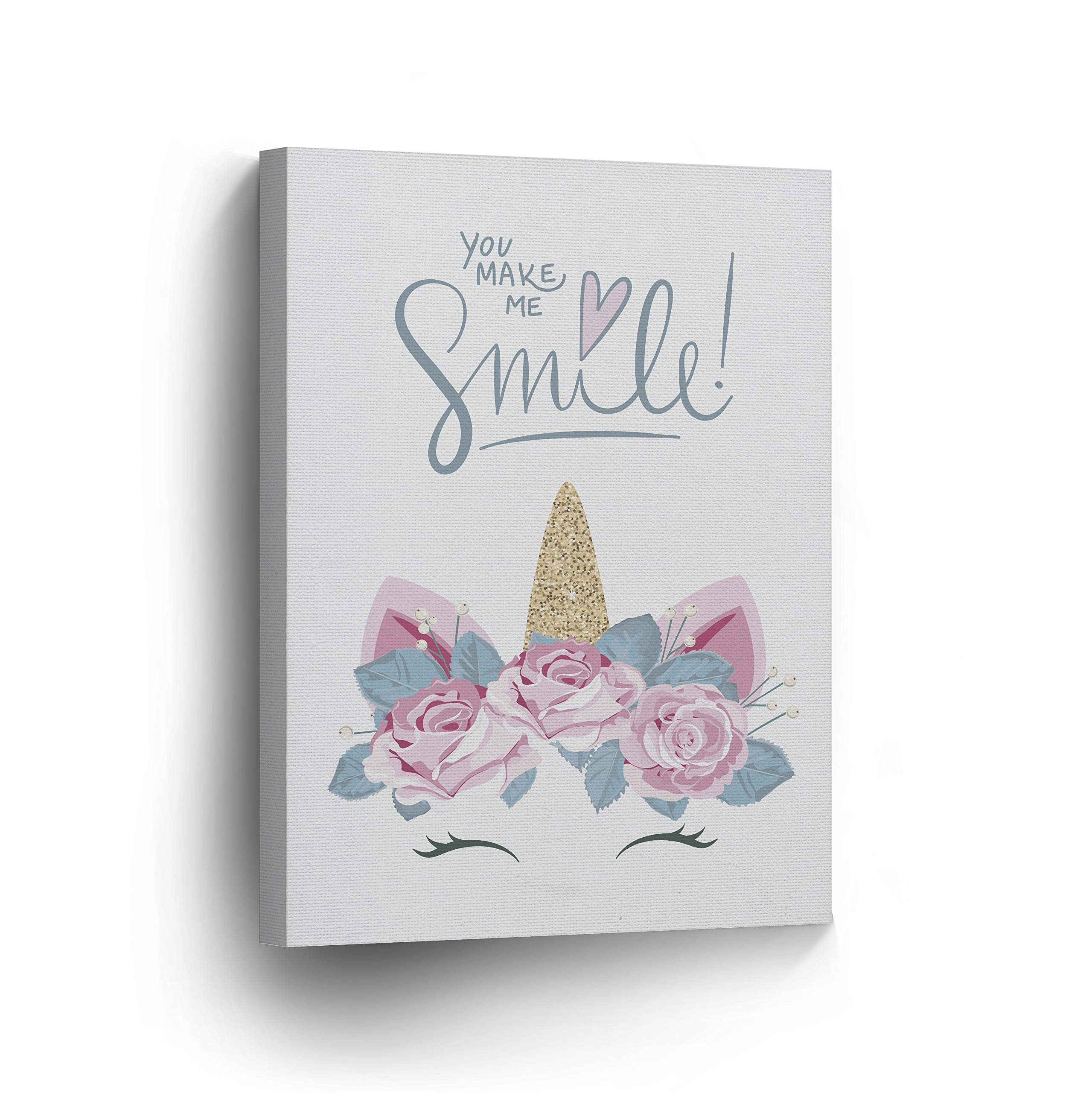 Golden Horn Unicorn with Pink Flowers Canvas Print - Inspirational Quote Wall Art for Kids Room, Nursery & Baby Room Decor - Ready to Hang Made in USA (17x11) - Perfect for Birthday Gifts, Baby Showers & Children's Bedroom Decorations