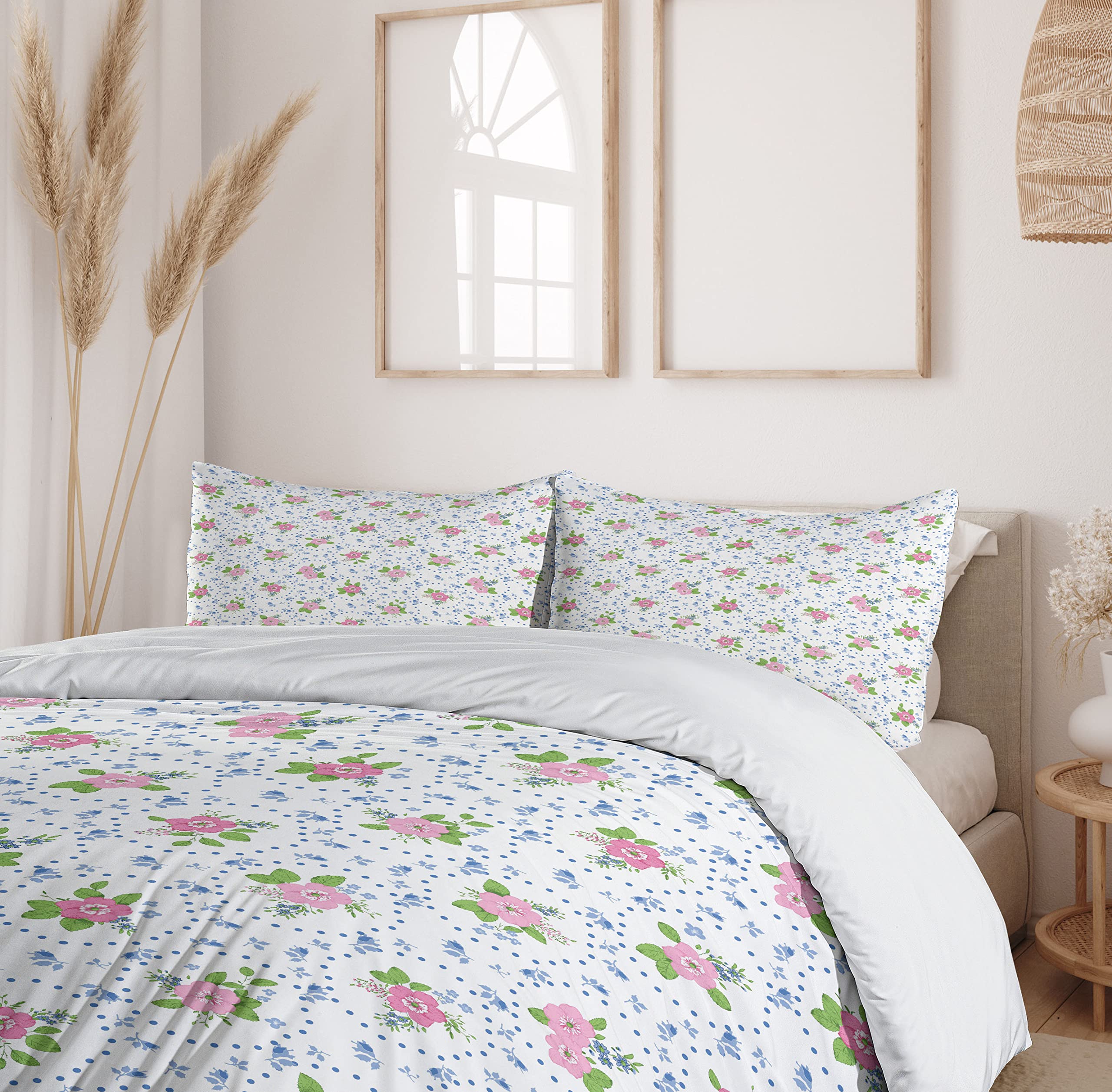 Ambesonne Shabby Floral Duvet Cover Set - Classic Peony Flowers with Circular Bouquets, 3-Piece Bedding Set (King Size, Pink & Blue) for Romantic & Nature-Inspired Bedroom Decor