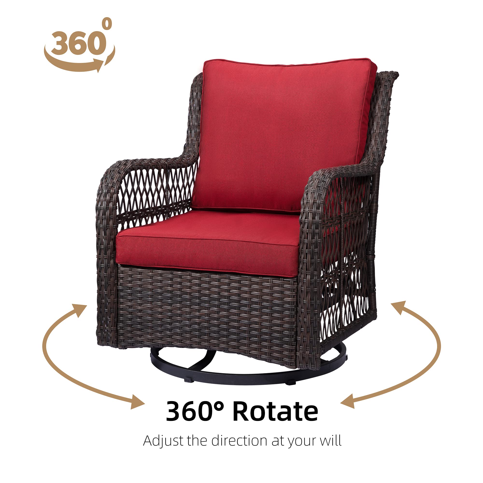 IDEALHOUSE 3-Piece Outdoor Wicker Swivel Rocking Chair Set with Cushions & Glass Table - 360° Rotating Patio Furniture for Backyard, Garden, Poolside (Rust) | Durable Rattan Bistro Set for Relaxing & Entertaining