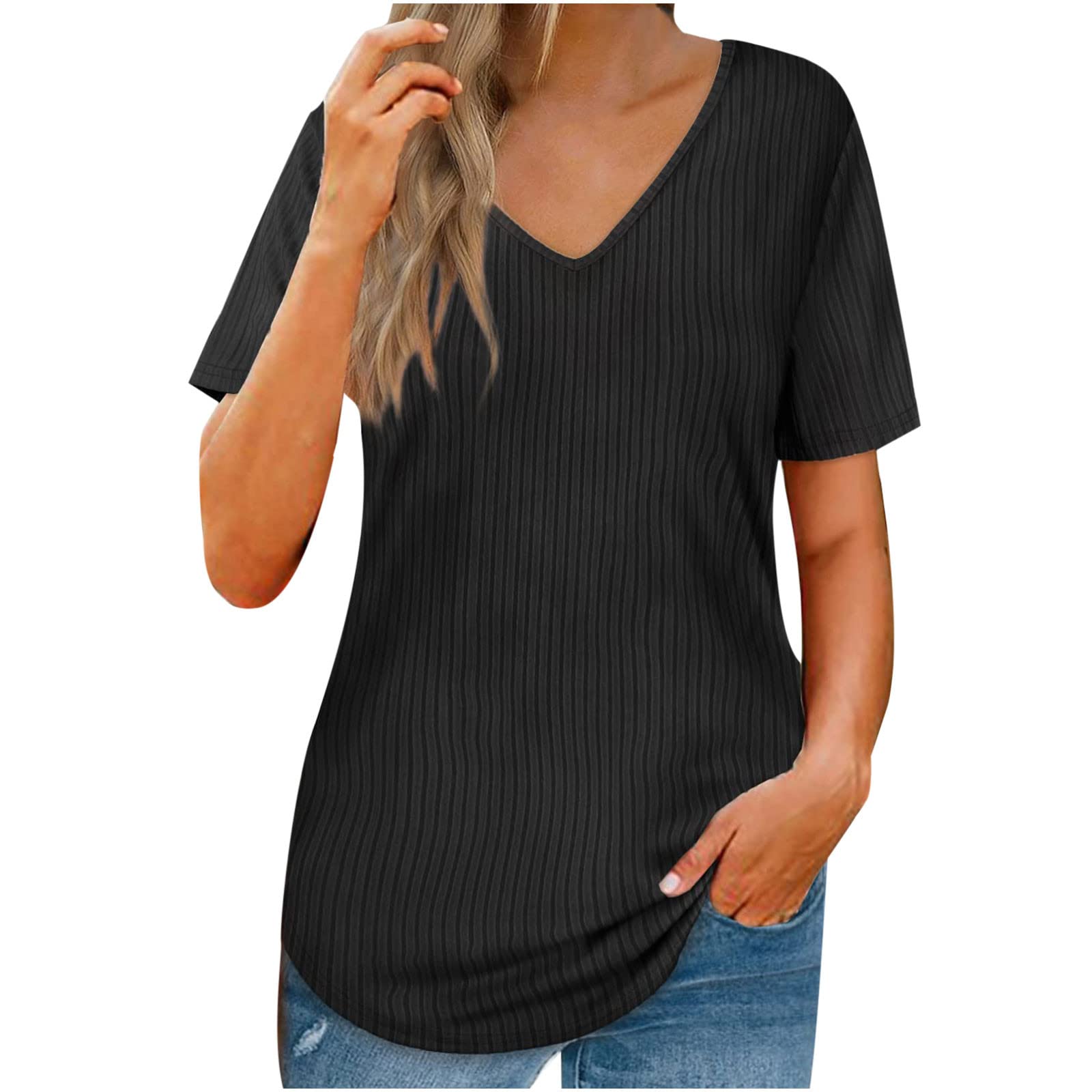 Women's Casual V-Neck Short Puff Sleeve Blouse - Loose Fit Pullover T-Shirt Top for Women | Solid Color Dressy Going Out Tops | Perfect for Office, Date Night & Weekend Wear