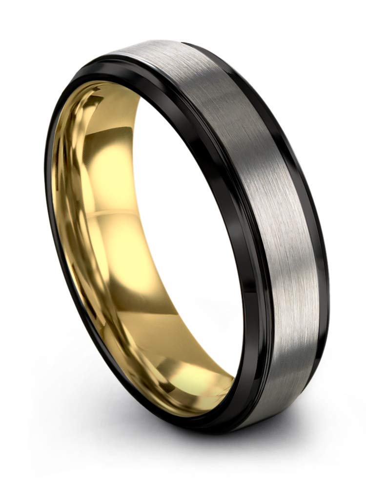 Midnight Rose Collection 6mm Tungsten Wedding Band Ring for Men & Women - 18k Rose Gold & Yellow Gold Plated, Step Bevel Edge, Black & Grey Brushed Polished Finish - Perfect for Anniversaries, Engagements & Everyday Wear