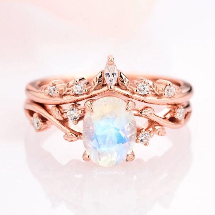 Natural Moonstone Fairy Engagement Ring Set - 14K Rose Gold Vermeil Wedding Band for Women, Perfect for Proposals, Anniversaries & Romantic Occasions