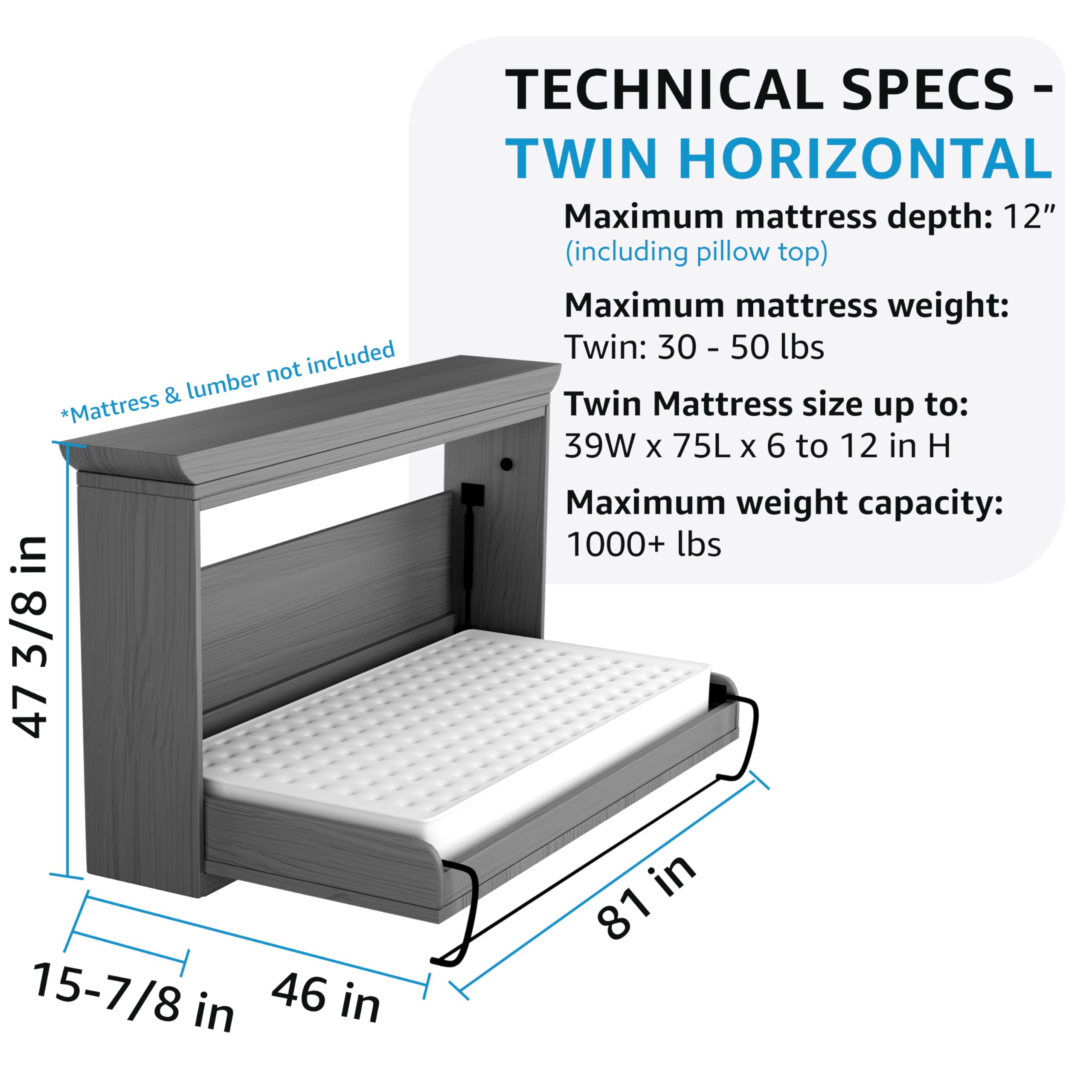 Create-A-Bed Premium Murphy Wall Bed Kit - Twin Size Horizontal Fold - Space Saving Bedroom Furniture for Small Apartments & Guest Rooms