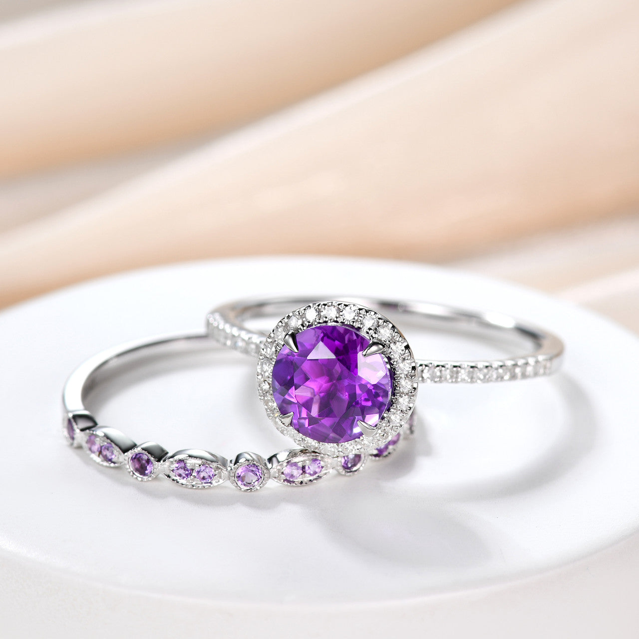 Amethyst Engagement Ring & Wedding Band Set - 14K White Gold with Diamonds, February Birthstone Jewelry Gift for Women, Anniversary, Promise, Valentine's Day - Perfect for Proposals, Weddings & Special Occasions