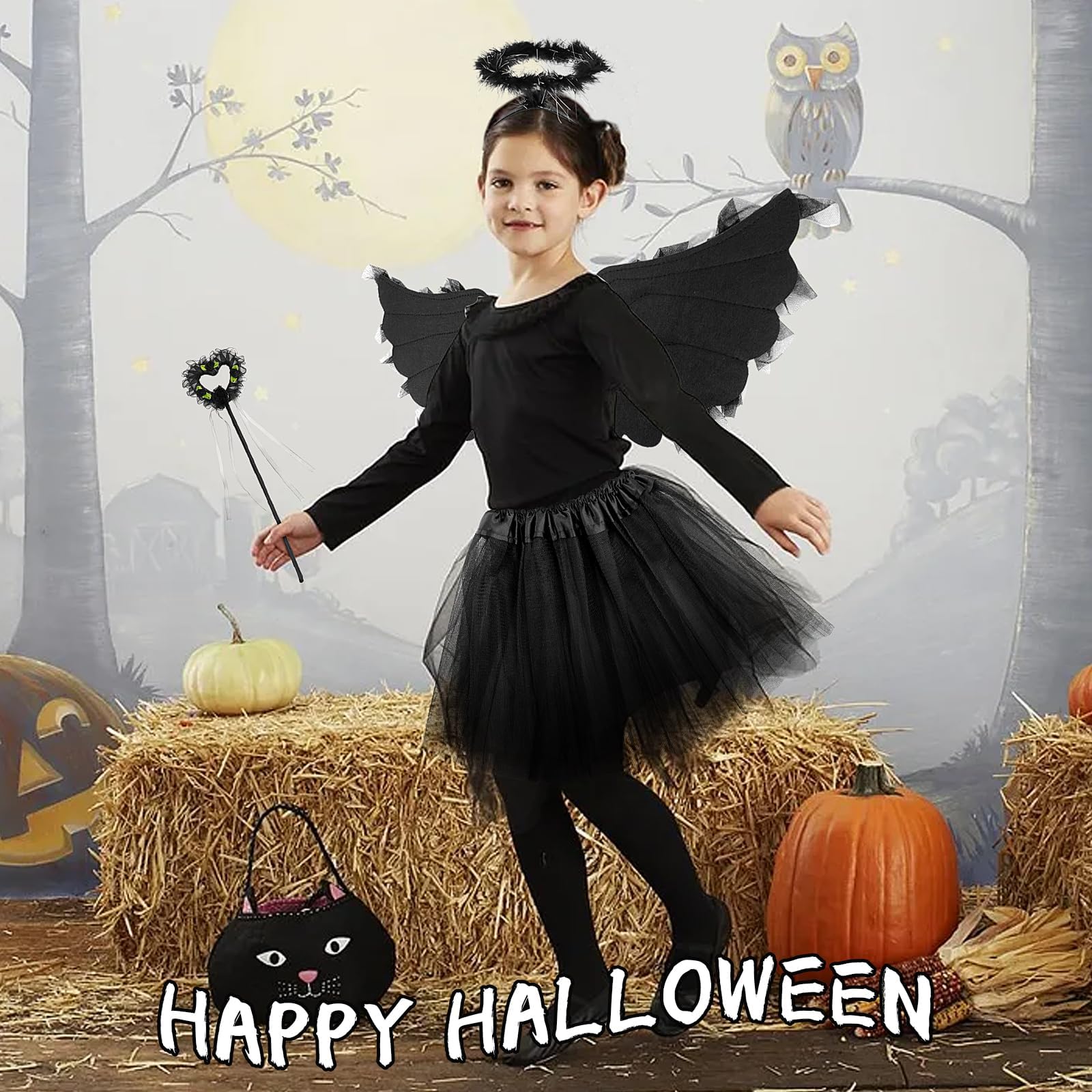 Black Angel Wings & Halo Costume Set for Girls 4-12 Years - Fallen Angel Dress with Wings, Halo, Devil Wand & Tattoo Stickers - Perfect for Halloween, Cosplay, Theme Parties & Dress-Up Play